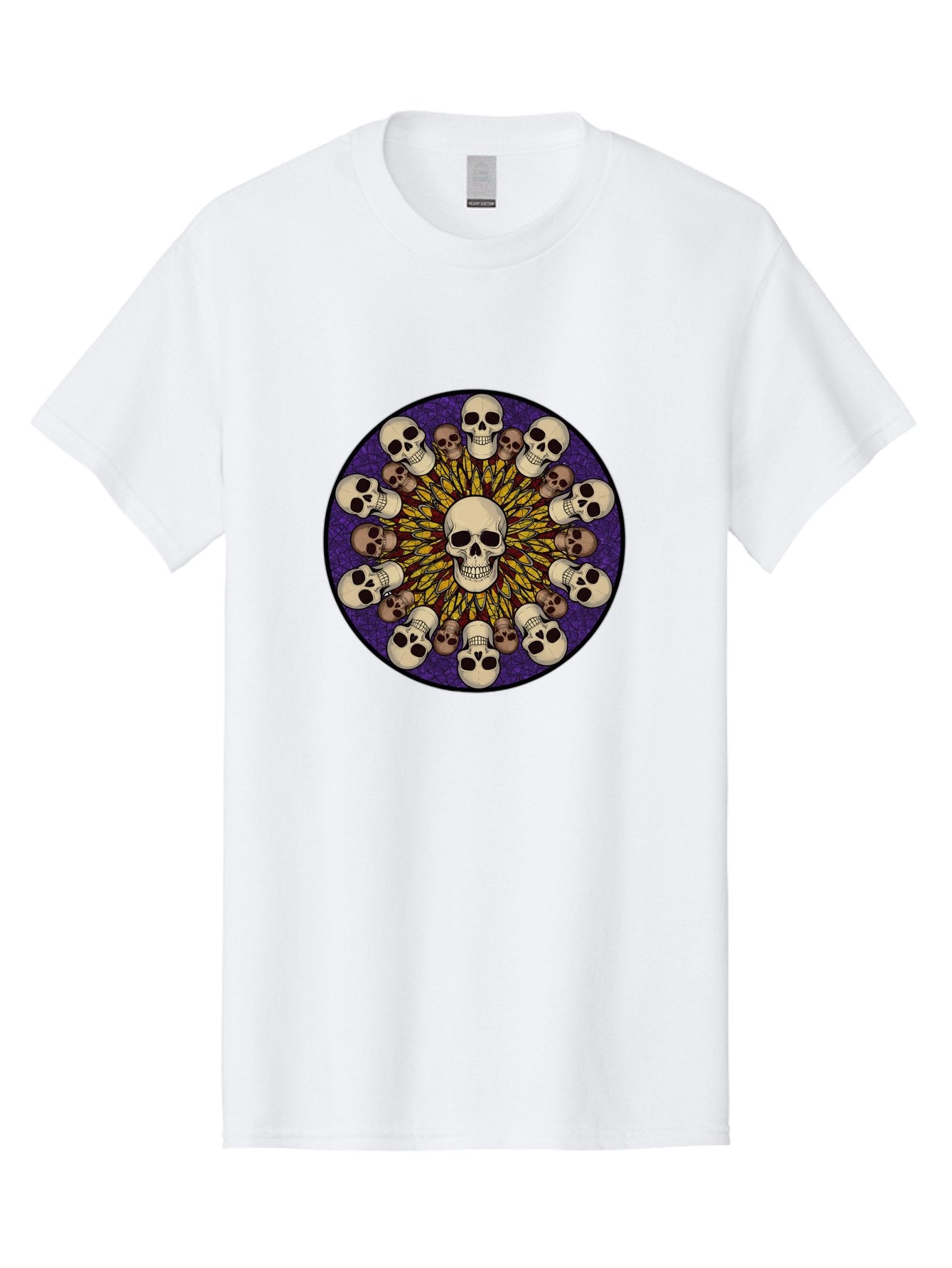 Skull-Explosion Men'S Graphic Tee, 100% Cotton, Comfortable Casual Summer Wear, Machine Washable, Skull Mandala, Human Skulls, Intricate Design, Purple Background, Abstract Art, Alternative Culture, Gothic Art, Yellow Rays, Circle Pattern, Bad584 12