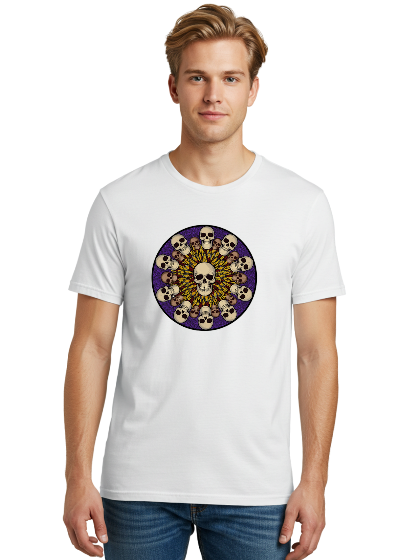 Skull-Explosion Men'S Graphic Tee, 100% Cotton, Comfortable Casual Summer Wear, Machine Washable, Skull Mandala, Human Skulls, Intricate Design, Purple Background, Abstract Art, Alternative Culture, Gothic Art, Yellow Rays, Circle Pattern, Bad584 18