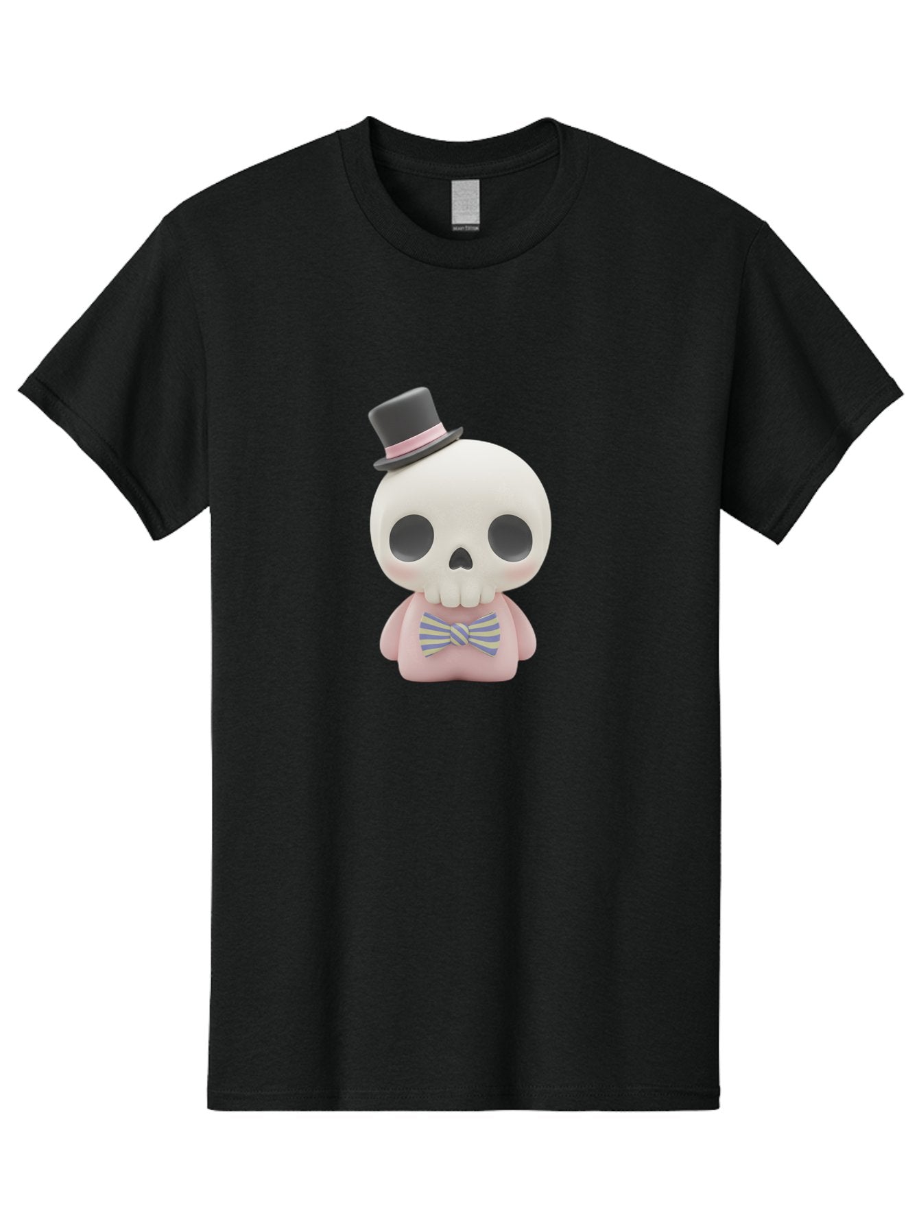 Skull-Figurine Men'S Graphic Tee, 100% Cotton, Comfortable Casual Summer Wear, Machine Washable, Skull Toy, Figurine With Top Hat, Bow Tie, Pink Shirt, Cartoon Character, Novelty Item, Quirky Decor, Funny Gift, Pastel Colors, Humorous Design, Bad585 3