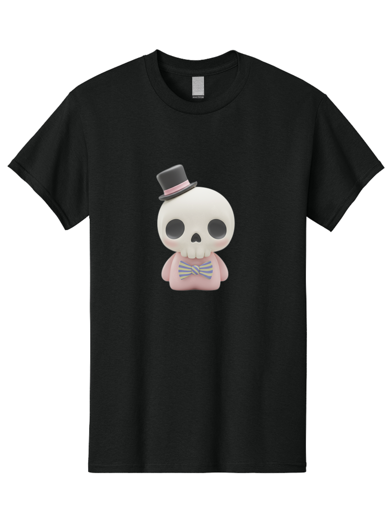 Skull-Figurine Men'S Graphic Tee, 100% Cotton, Comfortable Casual Summer Wear, Machine Washable, Skull Toy, Figurine With Top Hat, Bow Tie, Pink Shirt, Cartoon Character, Novelty Item, Quirky Decor, Funny Gift, Pastel Colors, Humorous Design, Bad585 9