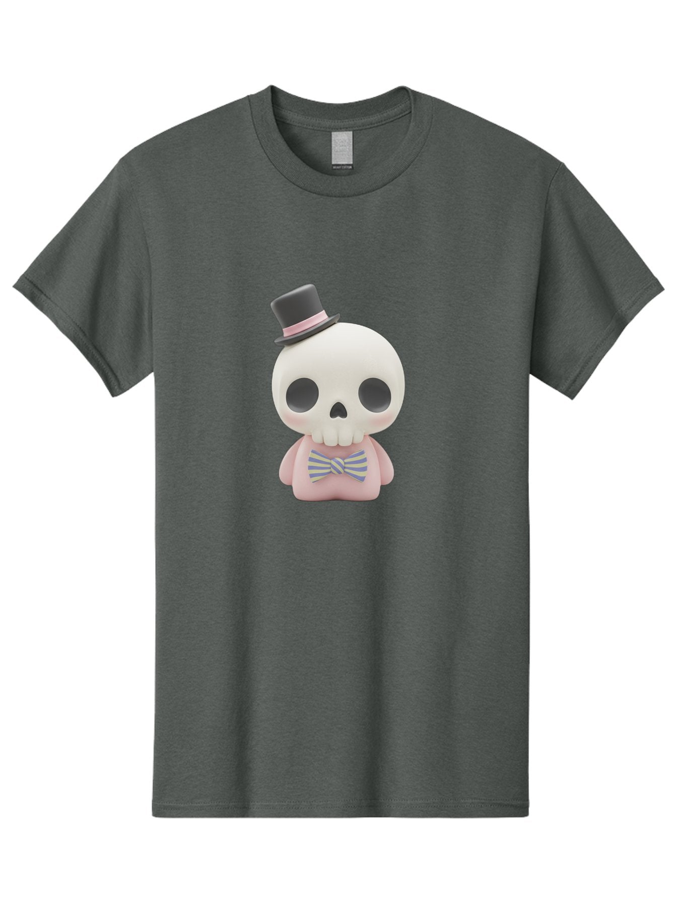 Skull-Figurine Men'S Graphic Tee, 100% Cotton, Comfortable Casual Summer Wear, Machine Washable, Skull Toy, Figurine With Top Hat, Bow Tie, Pink Shirt, Cartoon Character, Novelty Item, Quirky Decor, Funny Gift, Pastel Colors, Humorous Design, Bad585
