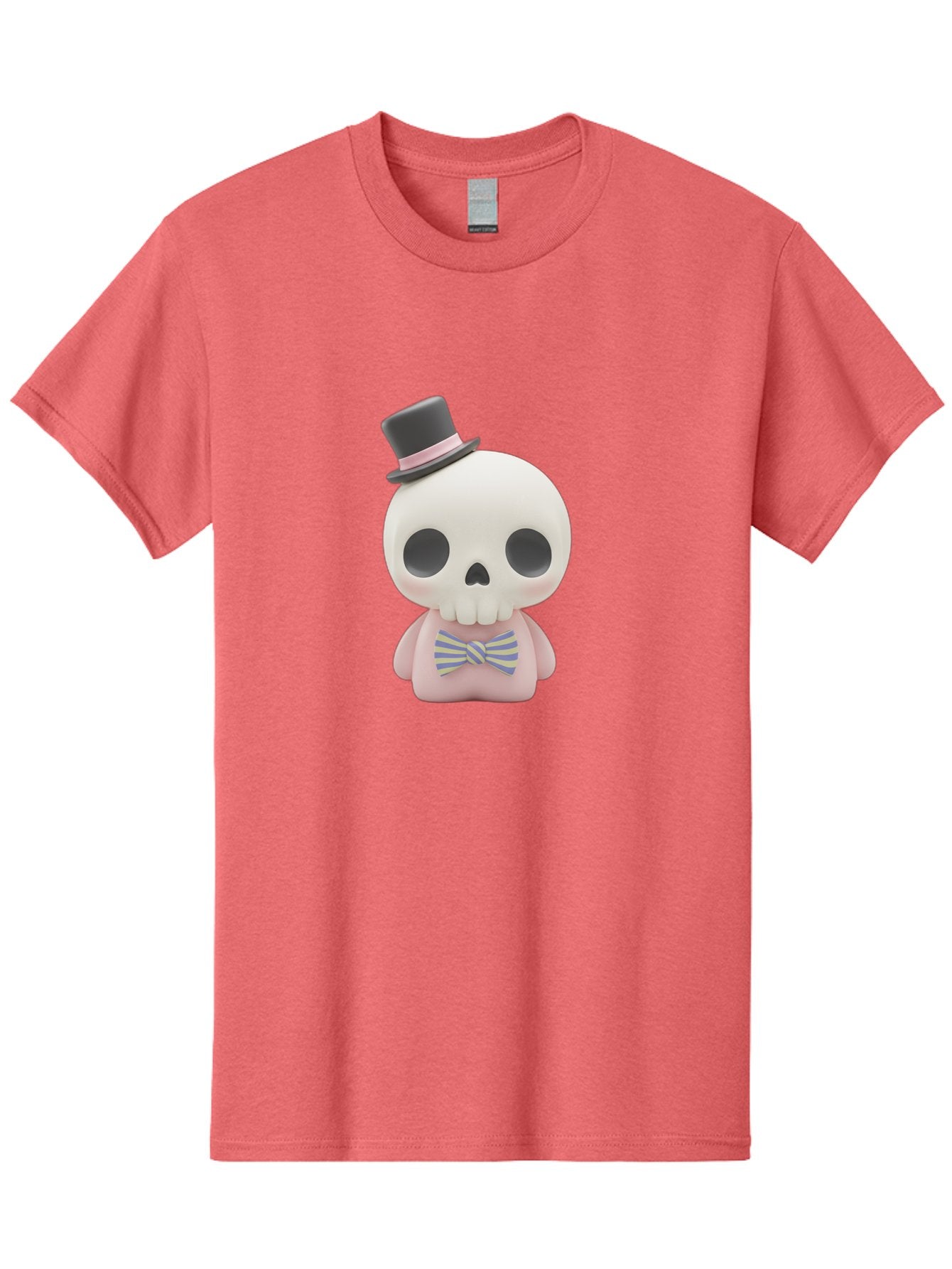 Skull-Figurine Men'S Graphic Tee, 100% Cotton, Comfortable Casual Summer Wear, Machine Washable, Skull Toy, Figurine With Top Hat, Bow Tie, Pink Shirt, Cartoon Character, Novelty Item, Quirky Decor, Funny Gift, Pastel Colors, Humorous Design, Bad585 12