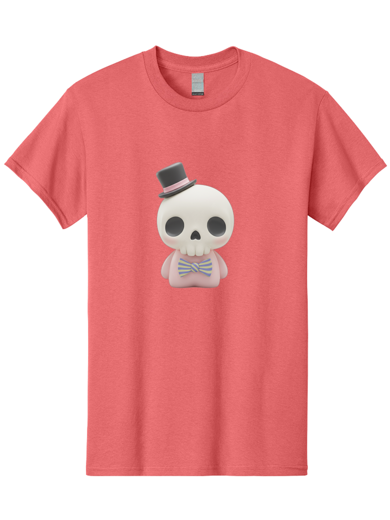 Skull-Figurine Men'S Graphic Tee, 100% Cotton, Comfortable Casual Summer Wear, Machine Washable, Skull Toy, Figurine With Top Hat, Bow Tie, Pink Shirt, Cartoon Character, Novelty Item, Quirky Decor, Funny Gift, Pastel Colors, Humorous Design, Bad585 3