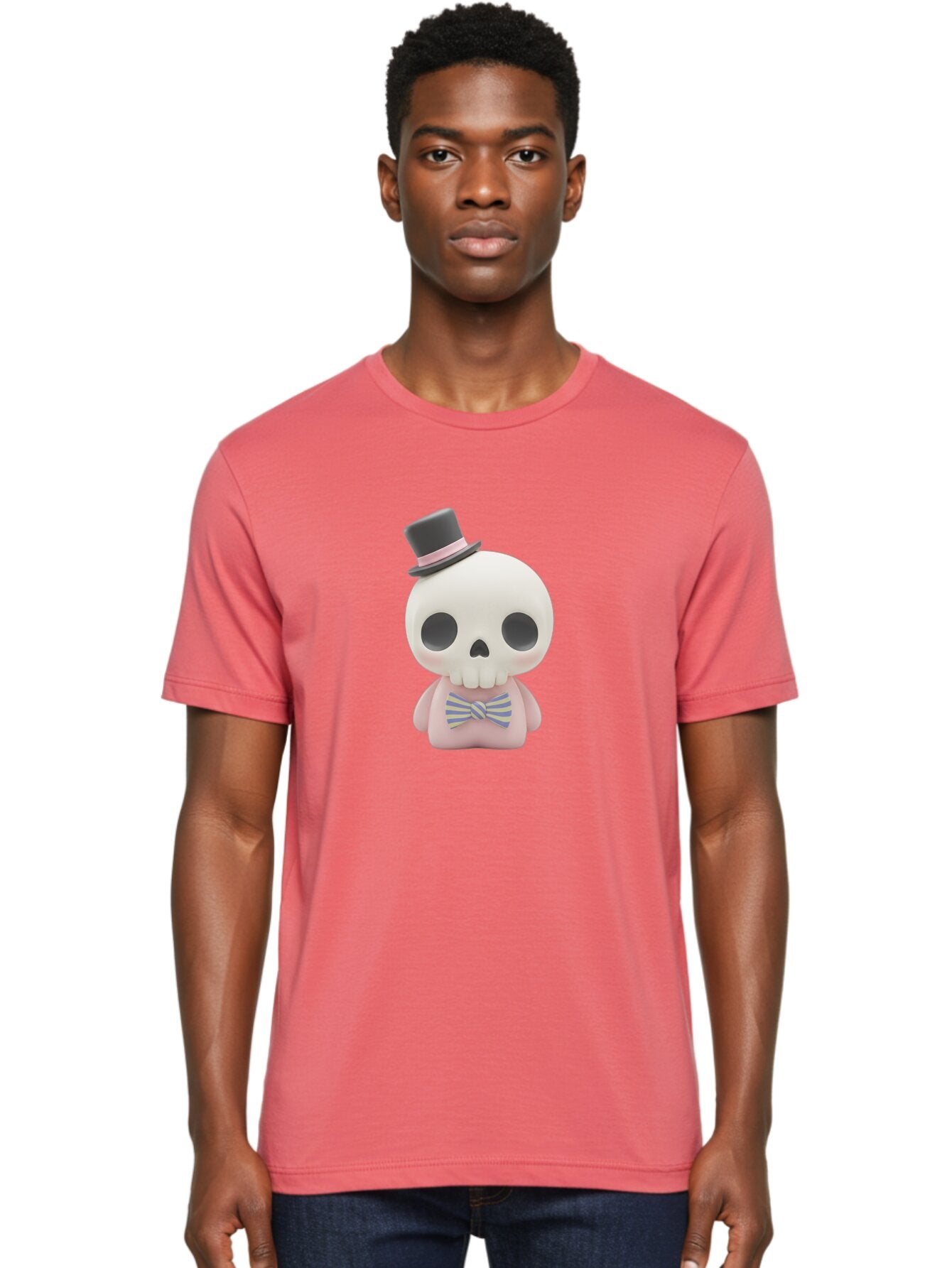 Skull-Figurine Men'S Graphic Tee, 100% Cotton, Comfortable Casual Summer Wear, Machine Washable, Skull Toy, Figurine With Top Hat, Bow Tie, Pink Shirt, Cartoon Character, Novelty Item, Quirky Decor, Funny Gift, Pastel Colors, Humorous Design, Bad585 28