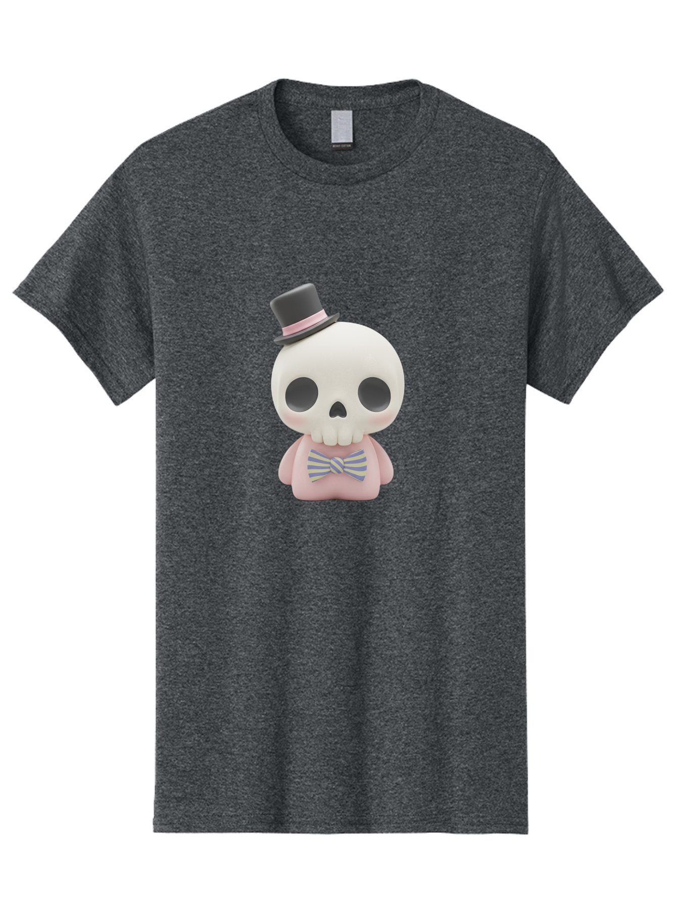 Skull-Figurine Men'S Graphic Tee, 100% Cotton, Comfortable Casual Summer Wear, Machine Washable, Skull Toy, Figurine With Top Hat, Bow Tie, Pink Shirt, Cartoon Character, Novelty Item, Quirky Decor, Funny Gift, Pastel Colors, Humorous Design, Bad585