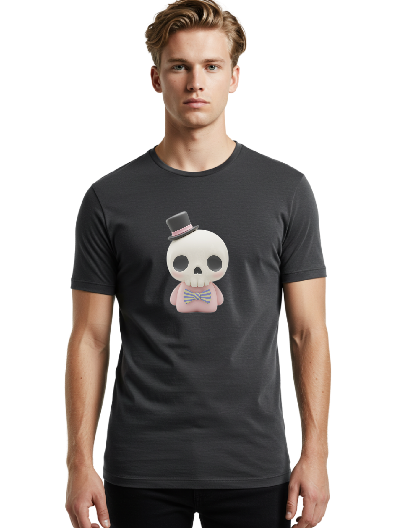 Skull-Figurine Men'S Graphic Tee, 100% Cotton, Comfortable Casual Summer Wear, Machine Washable, Skull Toy, Figurine With Top Hat, Bow Tie, Pink Shirt, Cartoon Character, Novelty Item, Quirky Decor, Funny Gift, Pastel Colors, Humorous Design, Bad585 26
