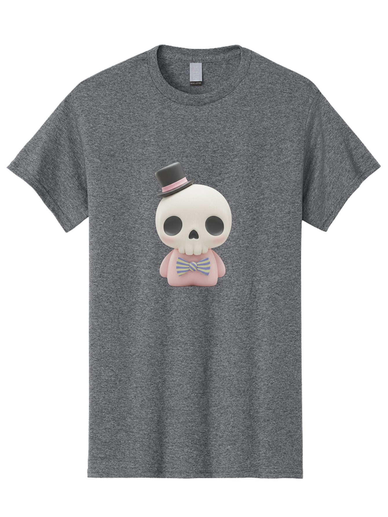 Skull-Figurine Men'S Graphic Tee, 100% Cotton, Comfortable Casual Summer Wear, Machine Washable, Skull Toy, Figurine With Top Hat, Bow Tie, Pink Shirt, Cartoon Character, Novelty Item, Quirky Decor, Funny Gift, Pastel Colors, Humorous Design, Bad585 11