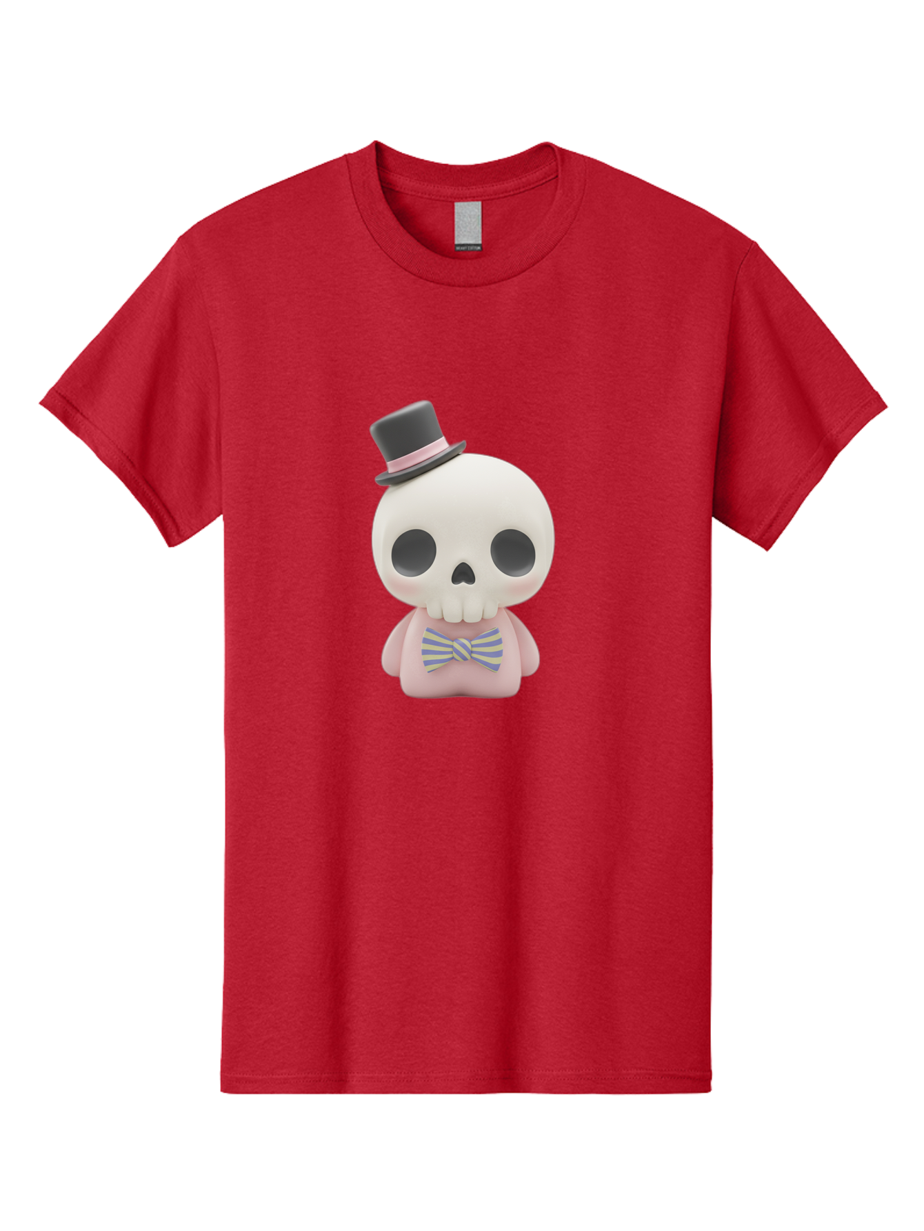 Skull-Figurine Men'S Graphic Tee, 100% Cotton, Comfortable Casual Summer Wear, Machine Washable, Skull Toy, Figurine With Top Hat, Bow Tie, Pink Shirt, Cartoon Character, Novelty Item, Quirky Decor, Funny Gift, Pastel Colors, Humorous Design, Bad585