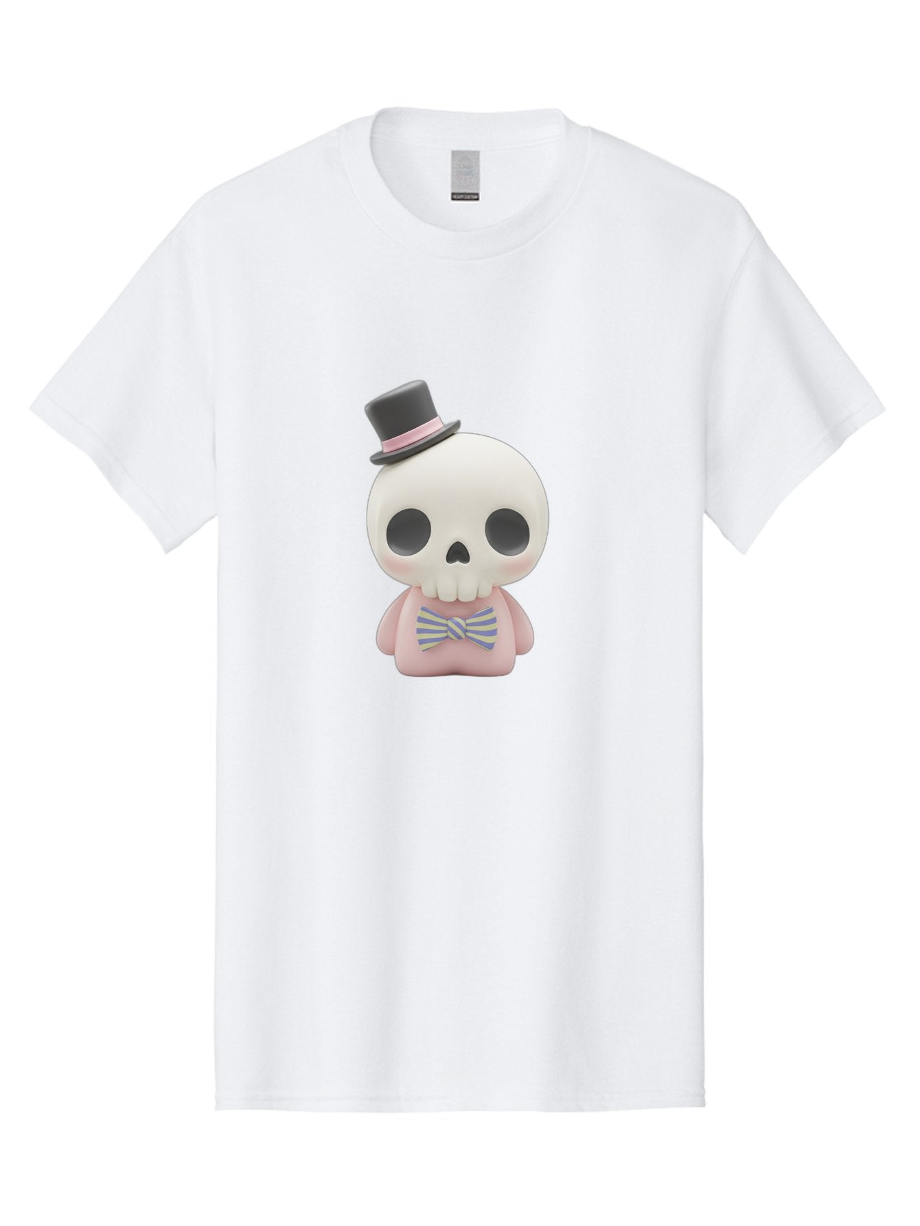 Skull-Figurine Men'S Graphic Tee, 100% Cotton, Comfortable Casual Summer Wear, Machine Washable, Skull Toy, Figurine With Top Hat, Bow Tie, Pink Shirt, Cartoon Character, Novelty Item, Quirky Decor, Funny Gift, Pastel Colors, Humorous Design, Bad585 13