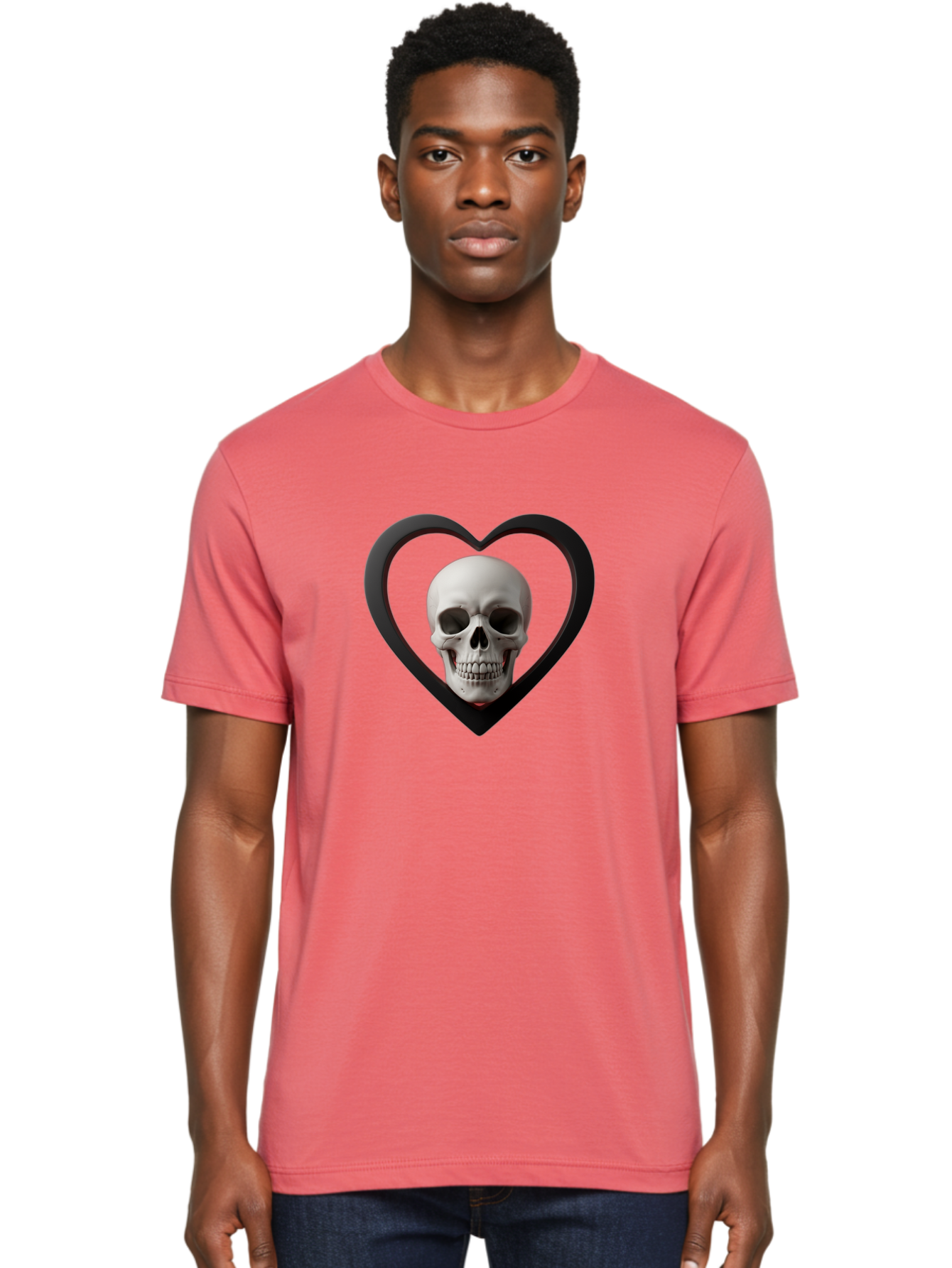 Skull-In-Heart Men'S Graphic Tee, 100% Cotton, Comfortable Casual Summer Wear, Machine Washable, Human Skull, Heart Shape, Black Outline, Gothic Symbolism, Edgy Aesthetic, Dark Art, Skull Art, Heart Frame Bad588 28