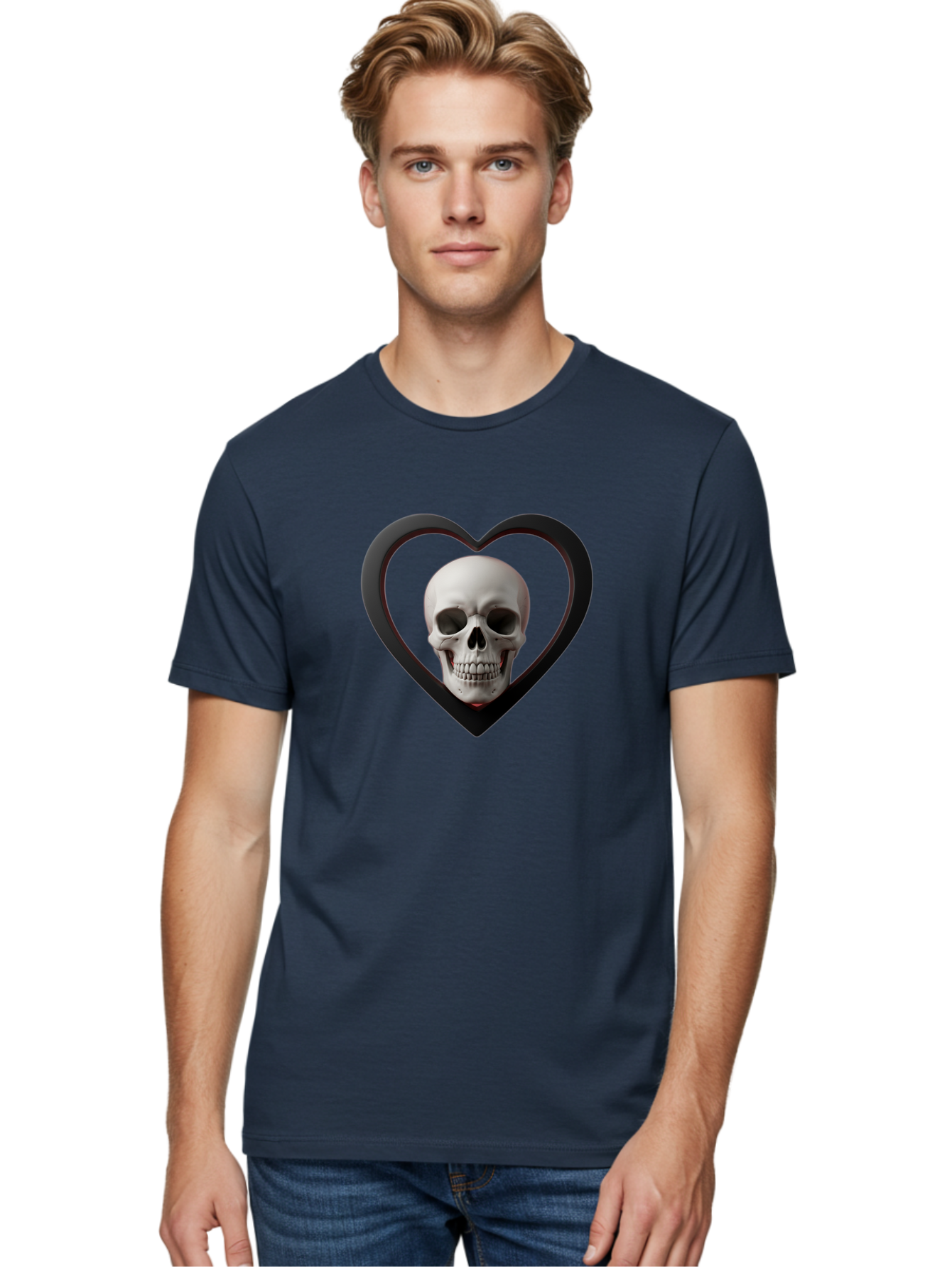 Skull-In-Heart Men'S Graphic Tee, 100% Cotton, Comfortable Casual Summer Wear, Machine Washable, Human Skull, Heart Shape, Black Outline, Gothic Symbolism, Edgy Aesthetic, Dark Art, Skull Art, Heart Frame Bad588 17