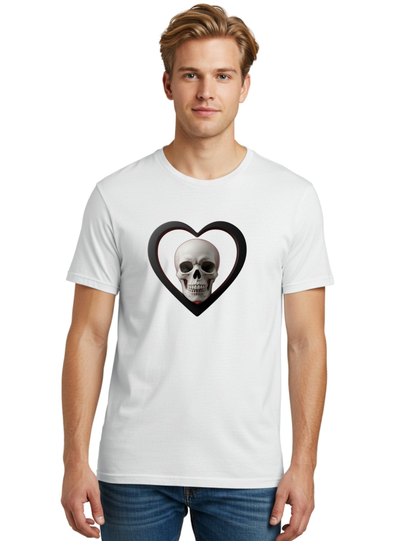 Skull-In-Heart Men'S Graphic Tee, 100% Cotton, Comfortable Casual Summer Wear, Machine Washable, Human Skull, Heart Shape, Black Outline, Gothic Symbolism, Edgy Aesthetic, Dark Art, Skull Art, Heart Frame Bad588 26