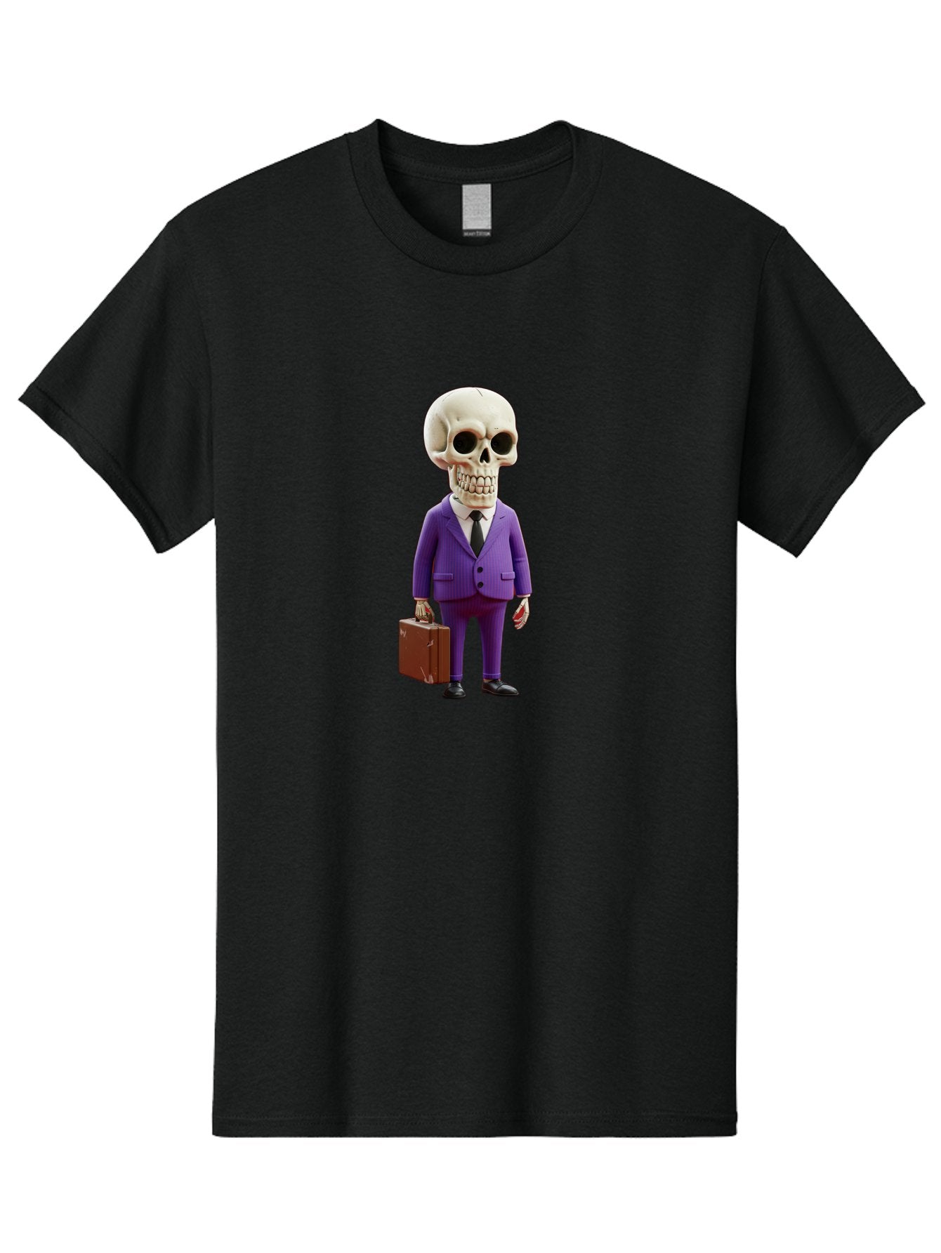 Skull-In-Suit-1 Men'S Graphic Tee, 100% Cotton, Comfortable Casual Summer Wear, Machine Washable, Skeleton In Purple Suit, Briefcase In Hand, Corporate Attire, Skeleton Character, Business Skull, Formal Wear, Human Skull, Office Setting, Bad590 10