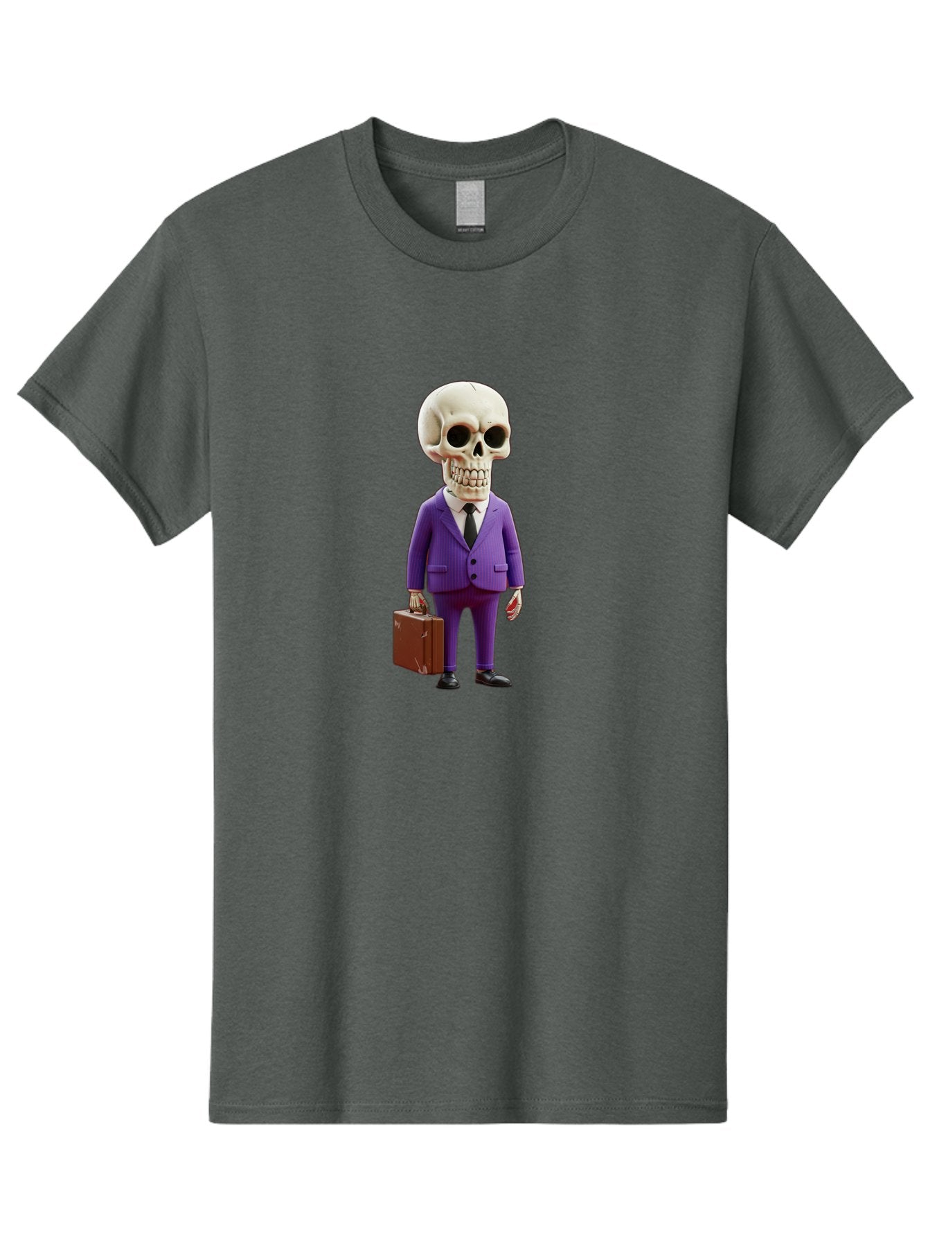 Skull-In-Suit-1 Men'S Graphic Tee, 100% Cotton, Comfortable Casual Summer Wear, Machine Washable, Skeleton In Purple Suit, Briefcase In Hand, Corporate Attire, Skeleton Character, Business Skull, Formal Wear, Human Skull, Office Setting, Bad590