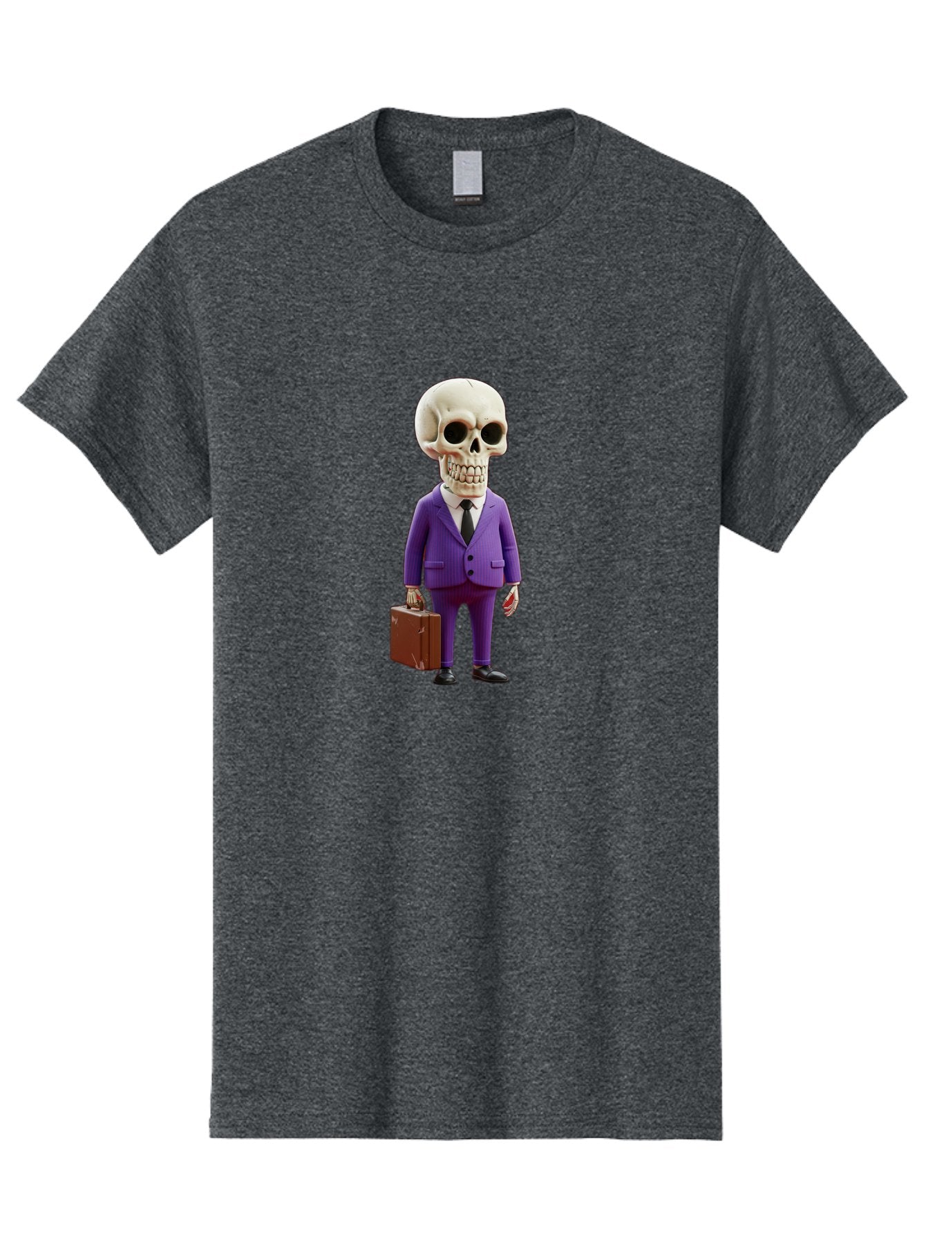 Skull-In-Suit-1 Men'S Graphic Tee, 100% Cotton, Comfortable Casual Summer Wear, Machine Washable, Skeleton In Purple Suit, Briefcase In Hand, Corporate Attire, Skeleton Character, Business Skull, Formal Wear, Human Skull, Office Setting, Bad590 8