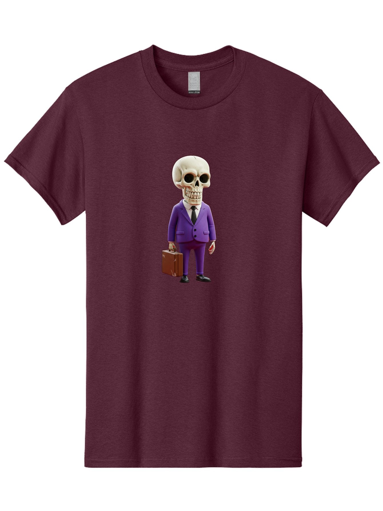 Skull-In-Suit-1 Men'S Graphic Tee, 100% Cotton, Comfortable Casual Summer Wear, Machine Washable, Skeleton In Purple Suit, Briefcase In Hand, Corporate Attire, Skeleton Character, Business Skull, Formal Wear, Human Skull, Office Setting, Bad590 7