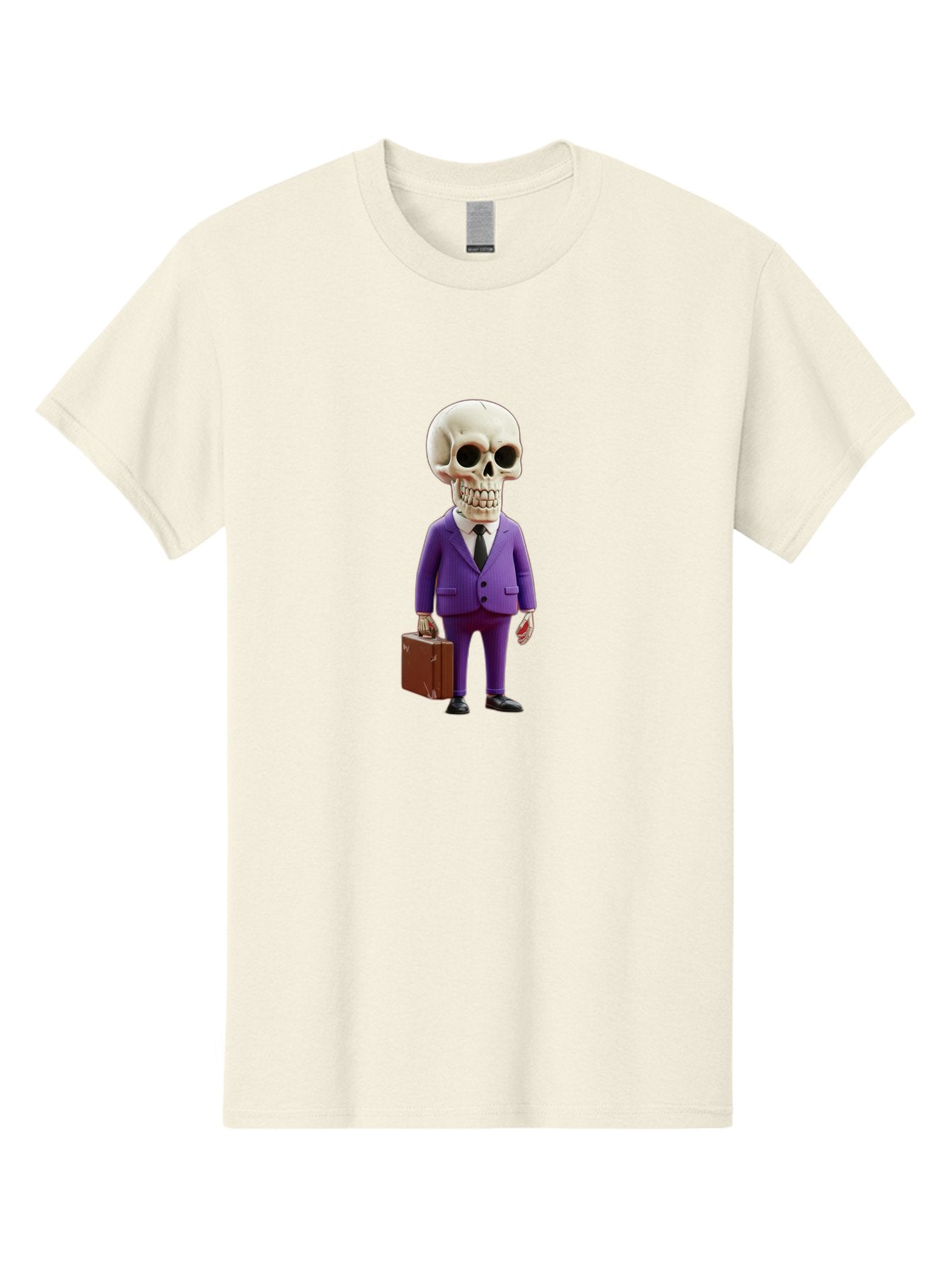 Skull-In-Suit-1 Men'S Graphic Tee, 100% Cotton, Comfortable Casual Summer Wear, Machine Washable, Skeleton In Purple Suit, Briefcase In Hand, Corporate Attire, Skeleton Character, Business Skull, Formal Wear, Human Skull, Office Setting, Bad590 13