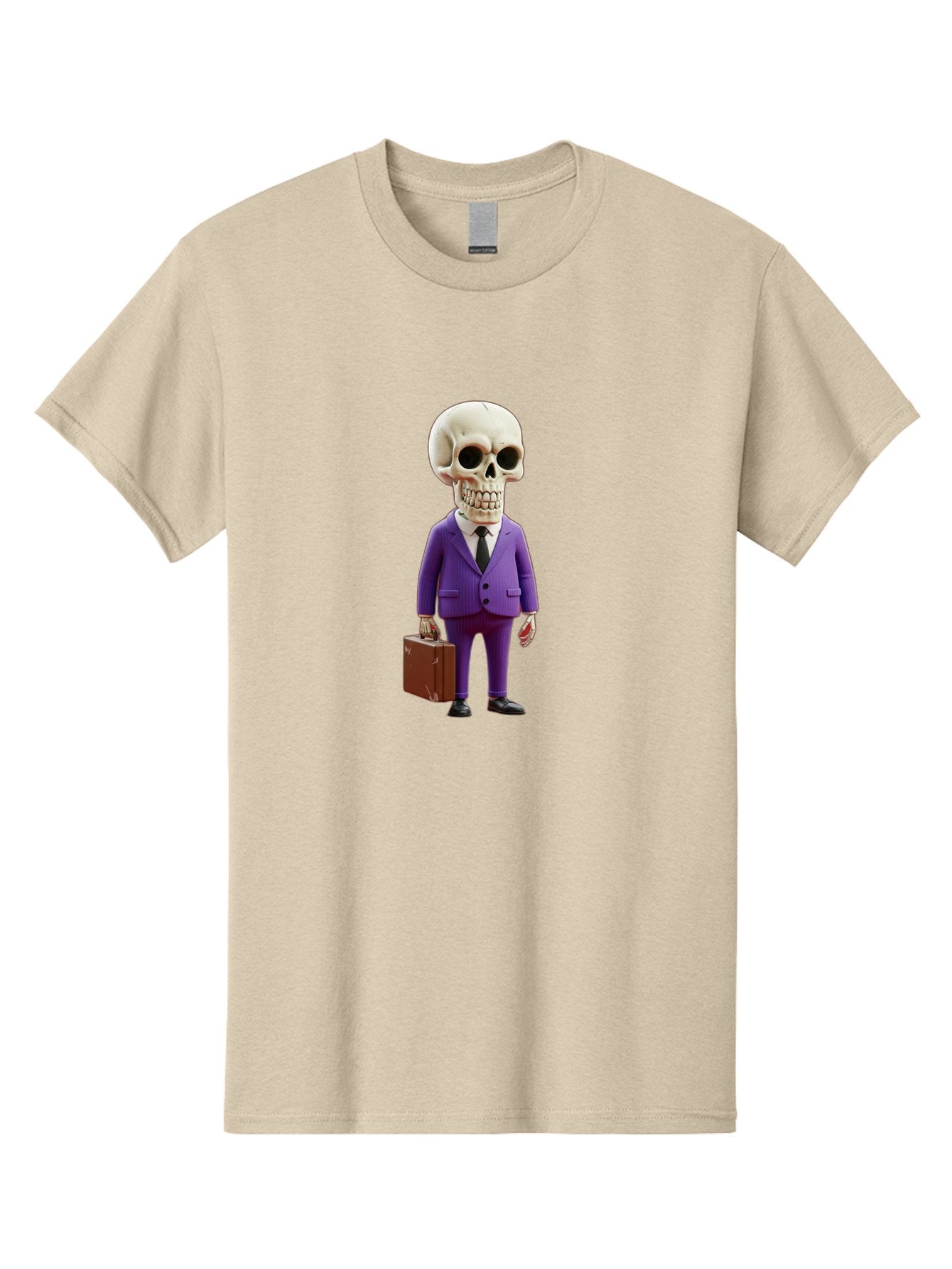 Skull-In-Suit-1 Men'S Graphic Tee, 100% Cotton, Comfortable Casual Summer Wear, Machine Washable, Skeleton In Purple Suit, Briefcase In Hand, Corporate Attire, Skeleton Character, Business Skull, Formal Wear, Human Skull, Office Setting, Bad590 12