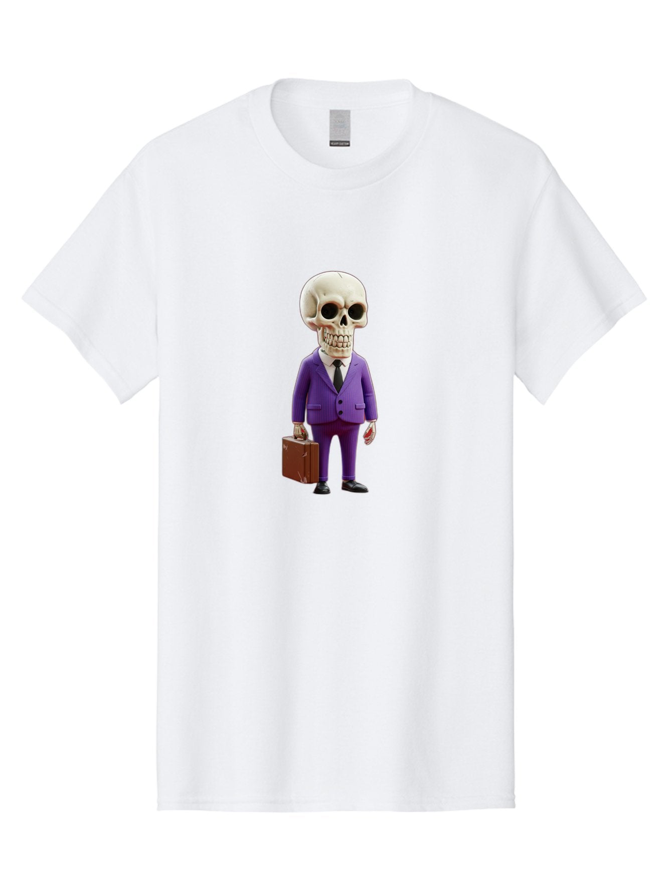 Skull-In-Suit-1 Men'S Graphic Tee, 100% Cotton, Comfortable Casual Summer Wear, Machine Washable, Skeleton In Purple Suit, Briefcase In Hand, Corporate Attire, Skeleton Character, Business Skull, Formal Wear, Human Skull, Office Setting, Bad590 14