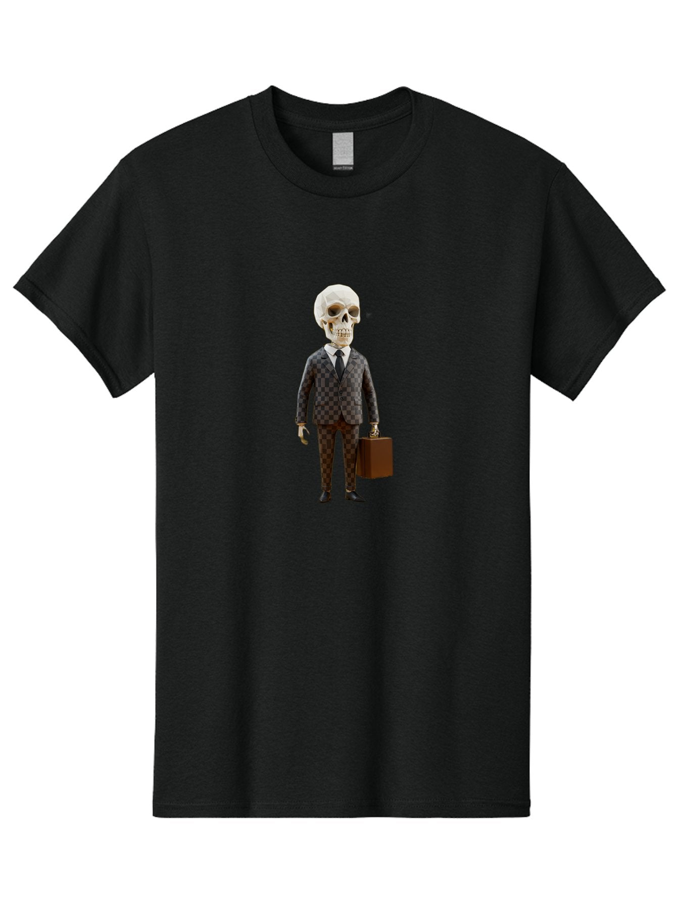Skull-In-Suit-2 Men'S Graphic Tee, 100% Cotton, Comfortable Casual Summer Wear, Machine Washable, Skeleton In Business Attire, Checkered Suit, Briefcase, Black Tie, White Shirt, Formal Wear, Spooky Skeleton, Business Professional, Bad591 8
