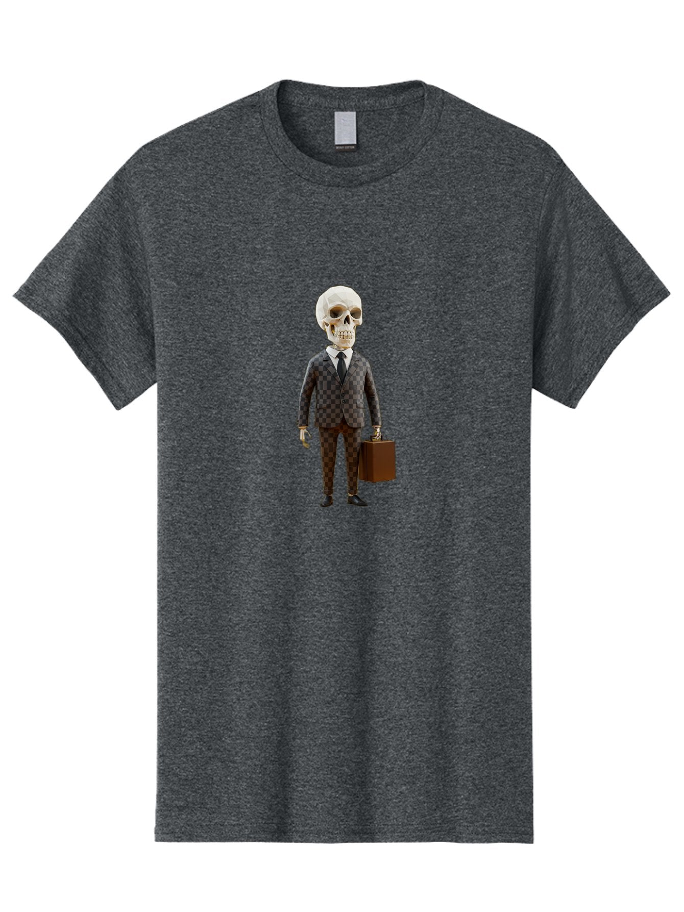 Skull-In-Suit-2 Men'S Graphic Tee, 100% Cotton, Comfortable Casual Summer Wear, Machine Washable, Skeleton In Business Attire, Checkered Suit, Briefcase, Black Tie, White Shirt, Formal Wear, Spooky Skeleton, Business Professional, Bad591 9