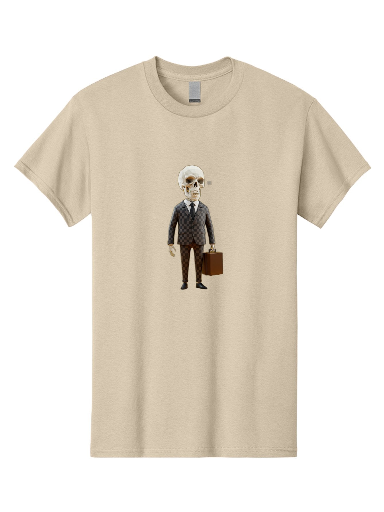 Skull-In-Suit-2 Men'S Graphic Tee, 100% Cotton, Comfortable Casual Summer Wear, Machine Washable, Skeleton In Business Attire, Checkered Suit, Briefcase, Black Tie, White Shirt, Formal Wear, Spooky Skeleton, Business Professional, Bad591 3