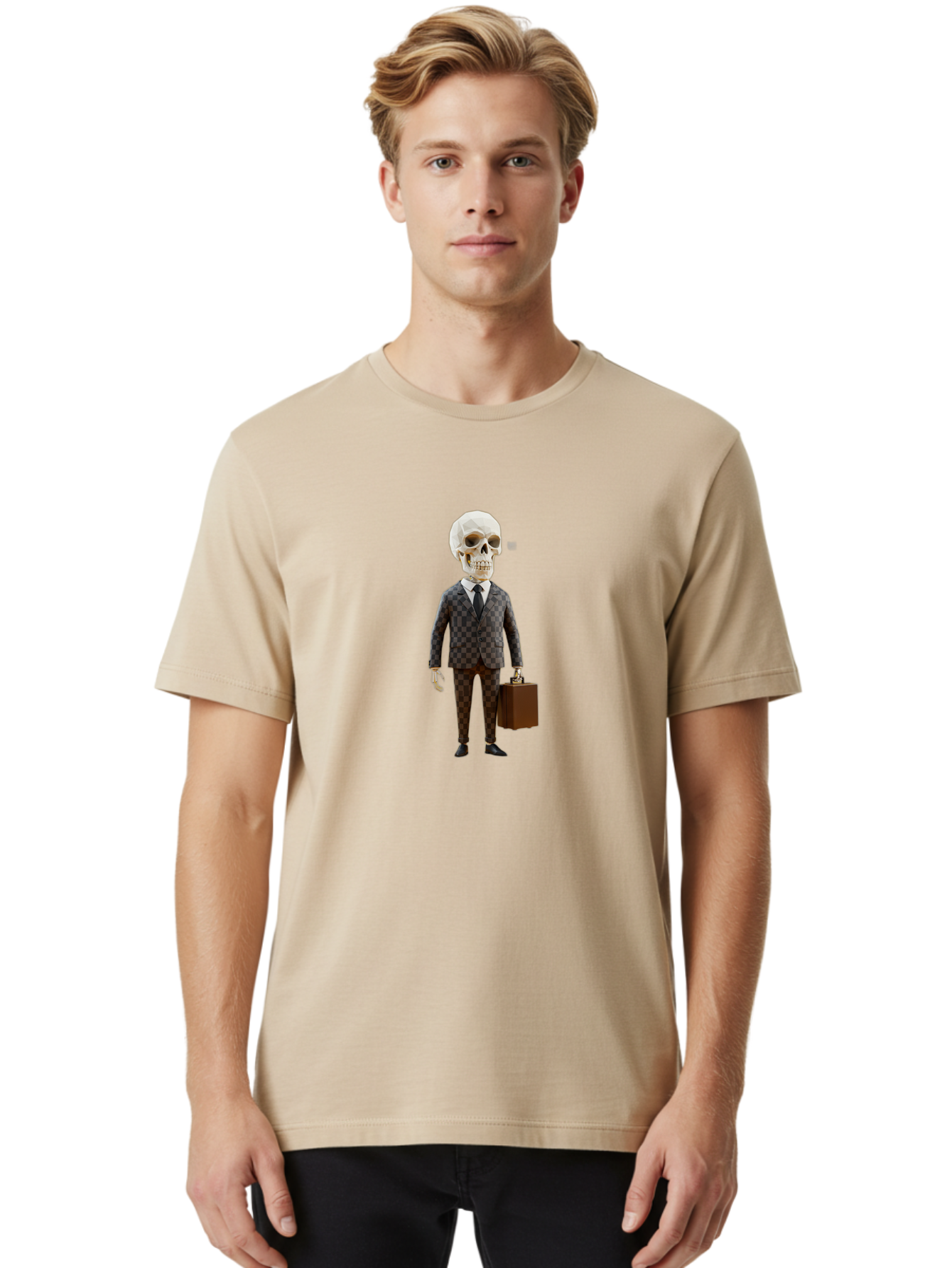 Skull-In-Suit-2 Men'S Graphic Tee, 100% Cotton, Comfortable Casual Summer Wear, Machine Washable, Skeleton In Business Attire, Checkered Suit, Briefcase, Black Tie, White Shirt, Formal Wear, Spooky Skeleton, Business Professional, Bad591 24