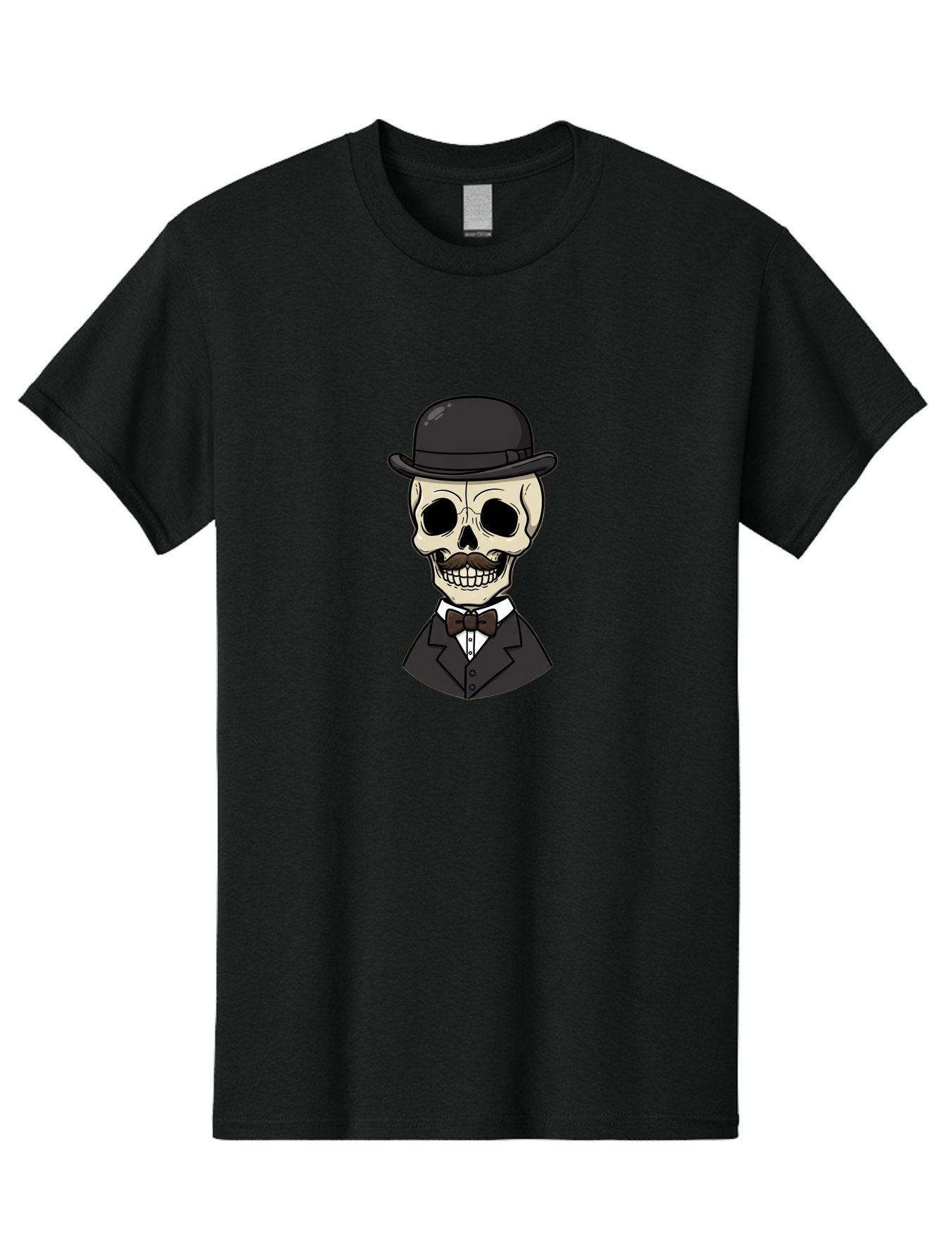 Skull-In-Suit Men'S Graphic Tee, 100% Cotton, Comfortable Casual Summer Wear, Machine Washable, Cartoon Skull, Bowler Hat, Black Suit, Bow Tie, White Shirt, Death Style, Gothic Fashion, Spooky Character, Halloween Theme, Skeleton Illustration, Bad592 10
