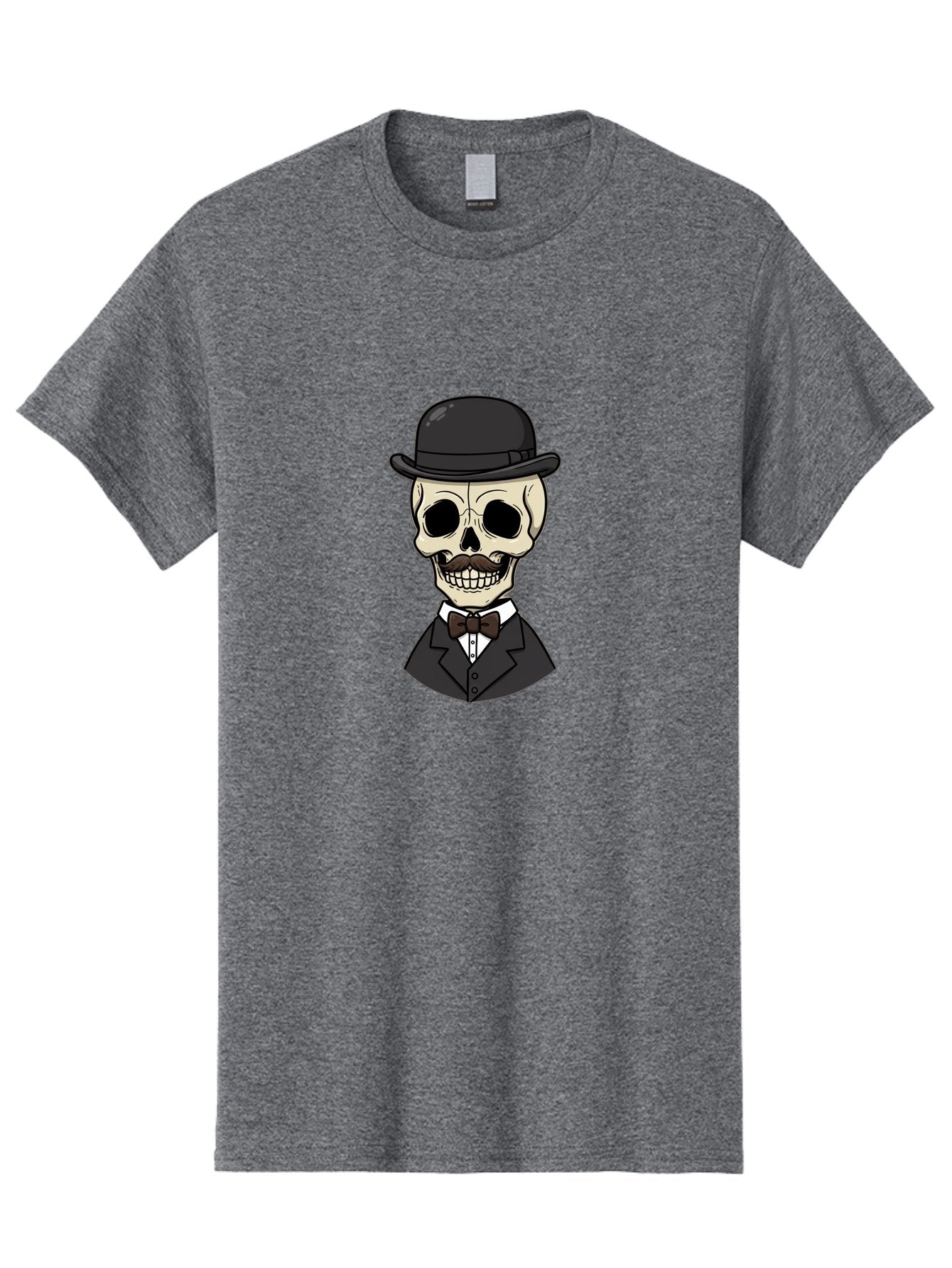 Skull-In-Suit Men'S Graphic Tee, 100% Cotton, Comfortable Casual Summer Wear, Machine Washable, Cartoon Skull, Bowler Hat, Black Suit, Bow Tie, White Shirt, Death Style, Gothic Fashion, Spooky Character, Halloween Theme, Skeleton Illustration, Bad592 12