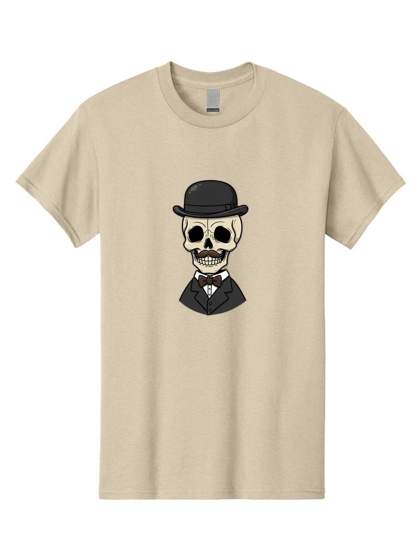 Skull-In-Suit Men'S Graphic Tee, 100% Cotton, Comfortable Casual Summer Wear, Machine Washable, Cartoon Skull, Bowler Hat, Black Suit, Bow Tie, White Shirt, Death Style, Gothic Fashion, Spooky Character, Halloween Theme, Skeleton Illustration, Bad592 5