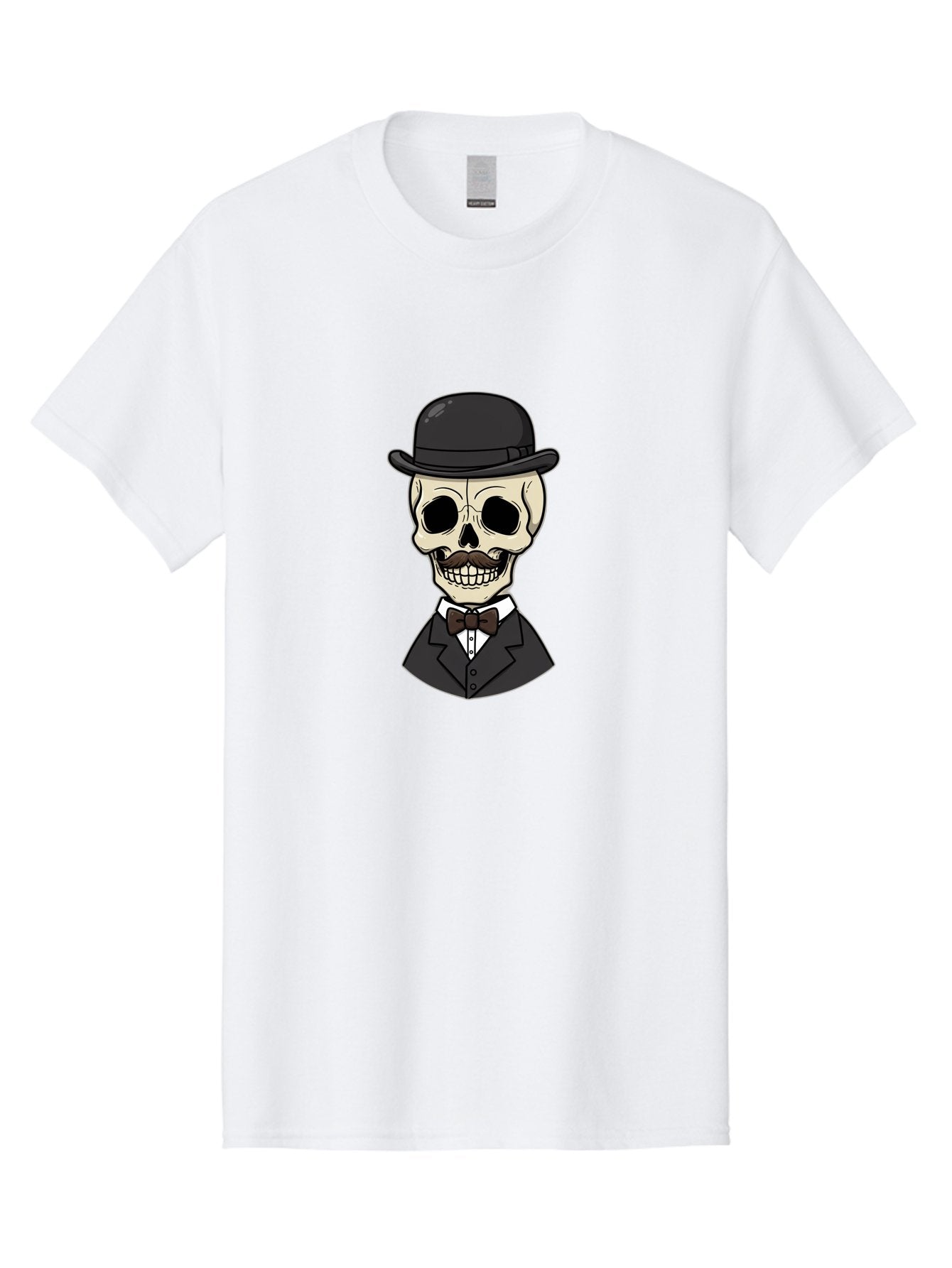 Skull-In-Suit Men'S Graphic Tee, 100% Cotton, Comfortable Casual Summer Wear, Machine Washable, Cartoon Skull, Bowler Hat, Black Suit, Bow Tie, White Shirt, Death Style, Gothic Fashion, Spooky Character, Halloween Theme, Skeleton Illustration, Bad592 14