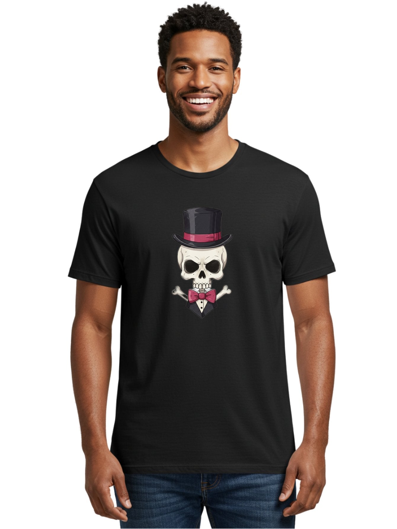 Skull-In-Top-Hat Men'S Graphic Tee, 100% Cotton, Comfortable Casual Summer Wear, Machine Washable, Skull, Crossbones, Top Hat, Bow Tie, Tuxedo, Formal Attire, Spooky, Halloween, Gothic Style, Dark Elegance, Macabre Charm Bad593 17