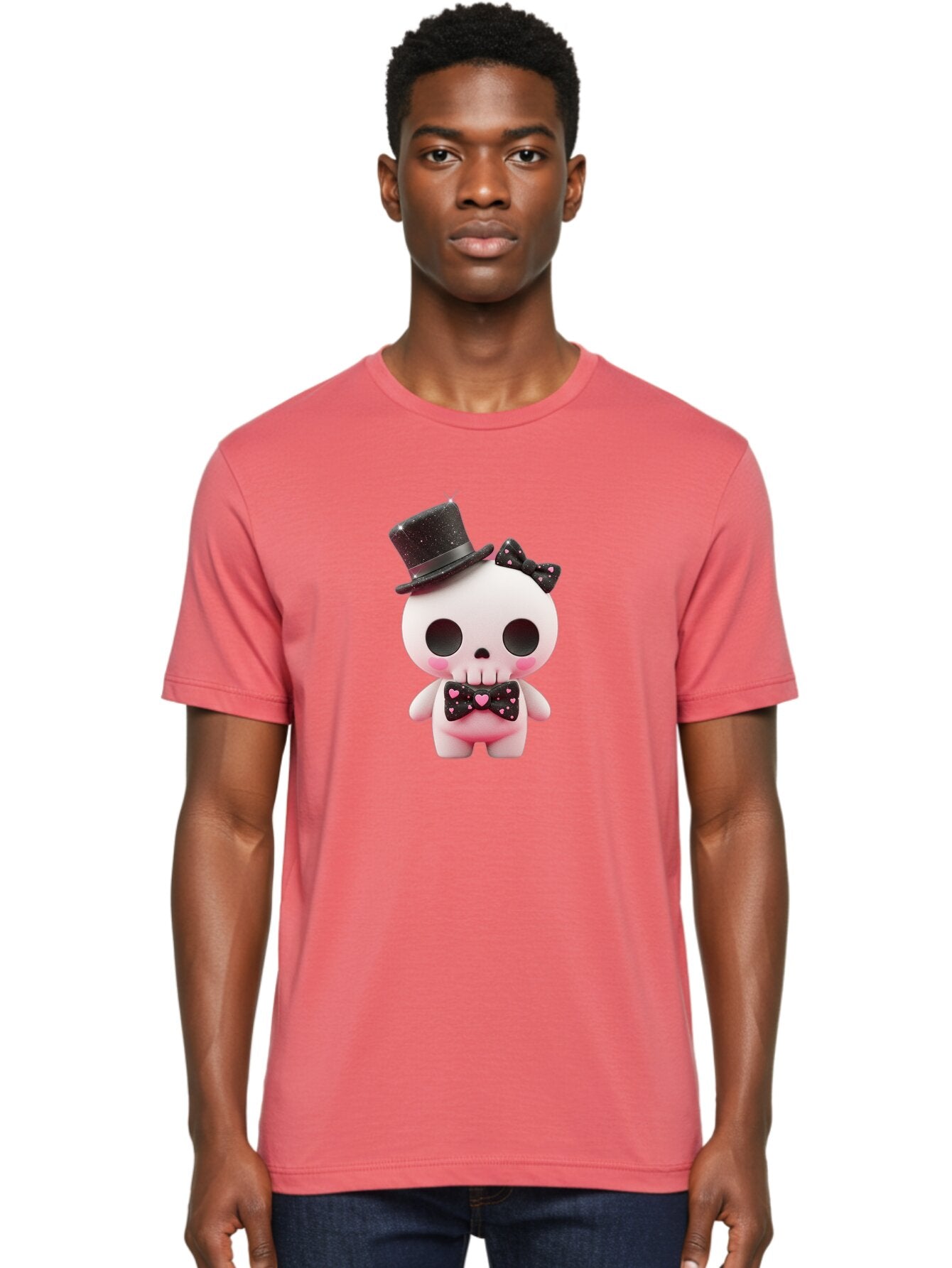 Skull-Kid Men'S Graphic Tee, 100% Cotton, Comfortable Casual Summer Wear, Machine Washable, Cute Skeleton Toy, Day Of The Dead Decoration, Sugar Skull Figurine, Black Top Hat, Bow Tie With Hearts, Pastel Colors, Quirky Collectible, Bad594 17