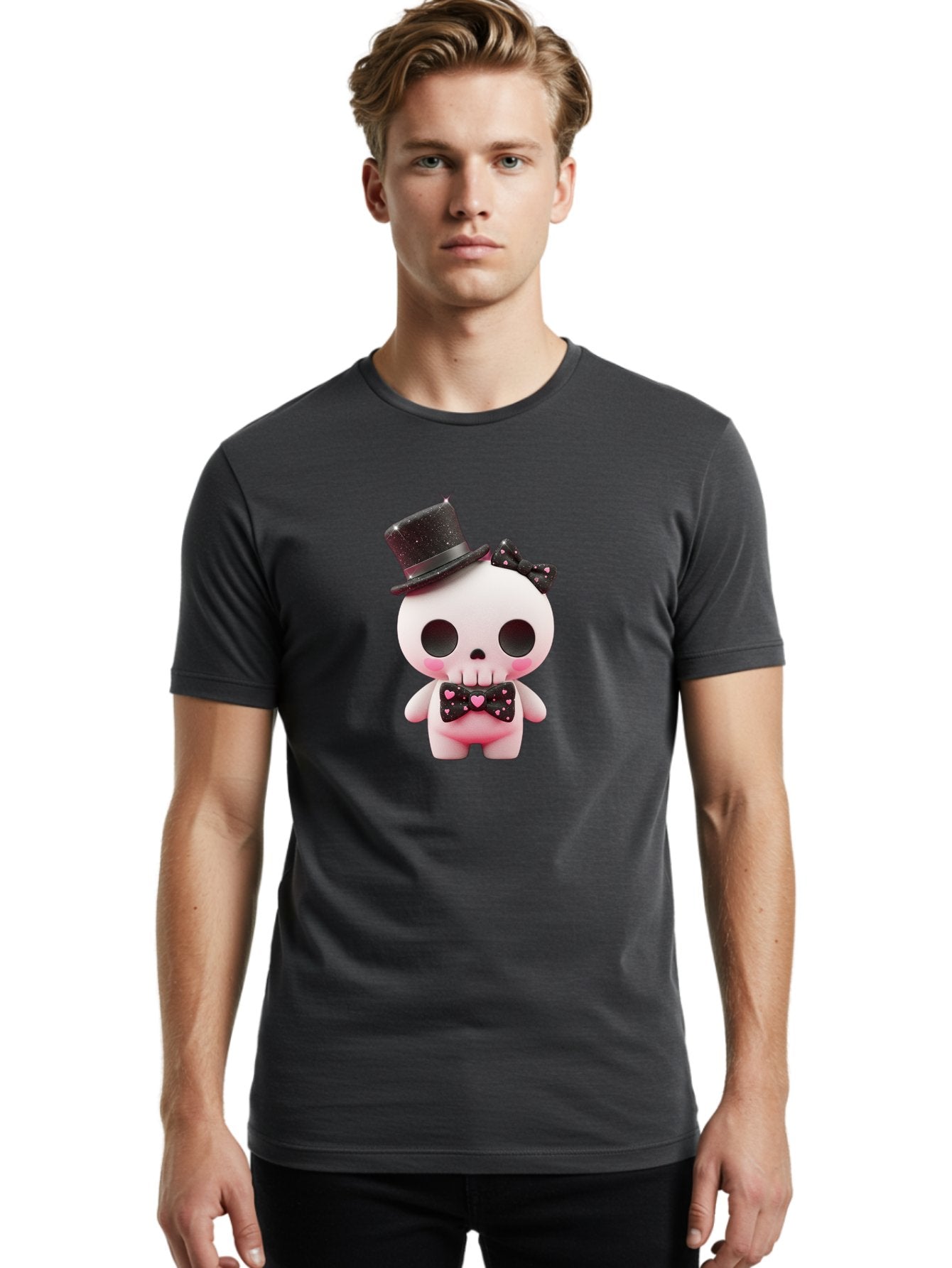 Skull-Kid Men'S Graphic Tee, 100% Cotton, Comfortable Casual Summer Wear, Machine Washable, Cute Skeleton Toy, Day Of The Dead Decoration, Sugar Skull Figurine, Black Top Hat, Bow Tie With Hearts, Pastel Colors, Quirky Collectible, Bad594 26
