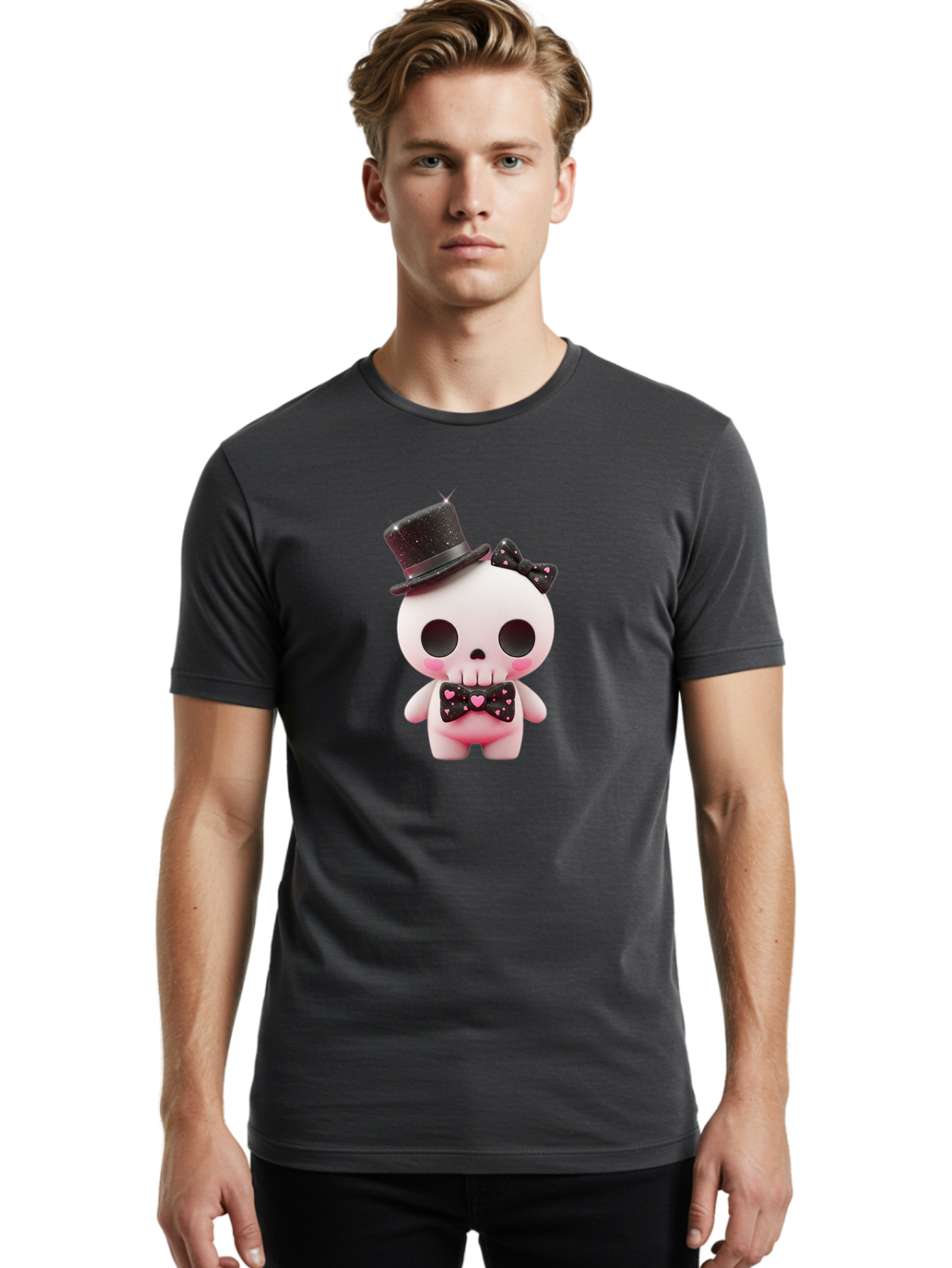 Skull-Kid Men'S Graphic Tee, 100% Cotton, Comfortable Casual Summer Wear, Machine Washable, Cute Skeleton Toy, Day Of The Dead Decoration, Sugar Skull Figurine, Black Top Hat, Bow Tie With Hearts, Pastel Colors, Quirky Collectible, Bad594 20