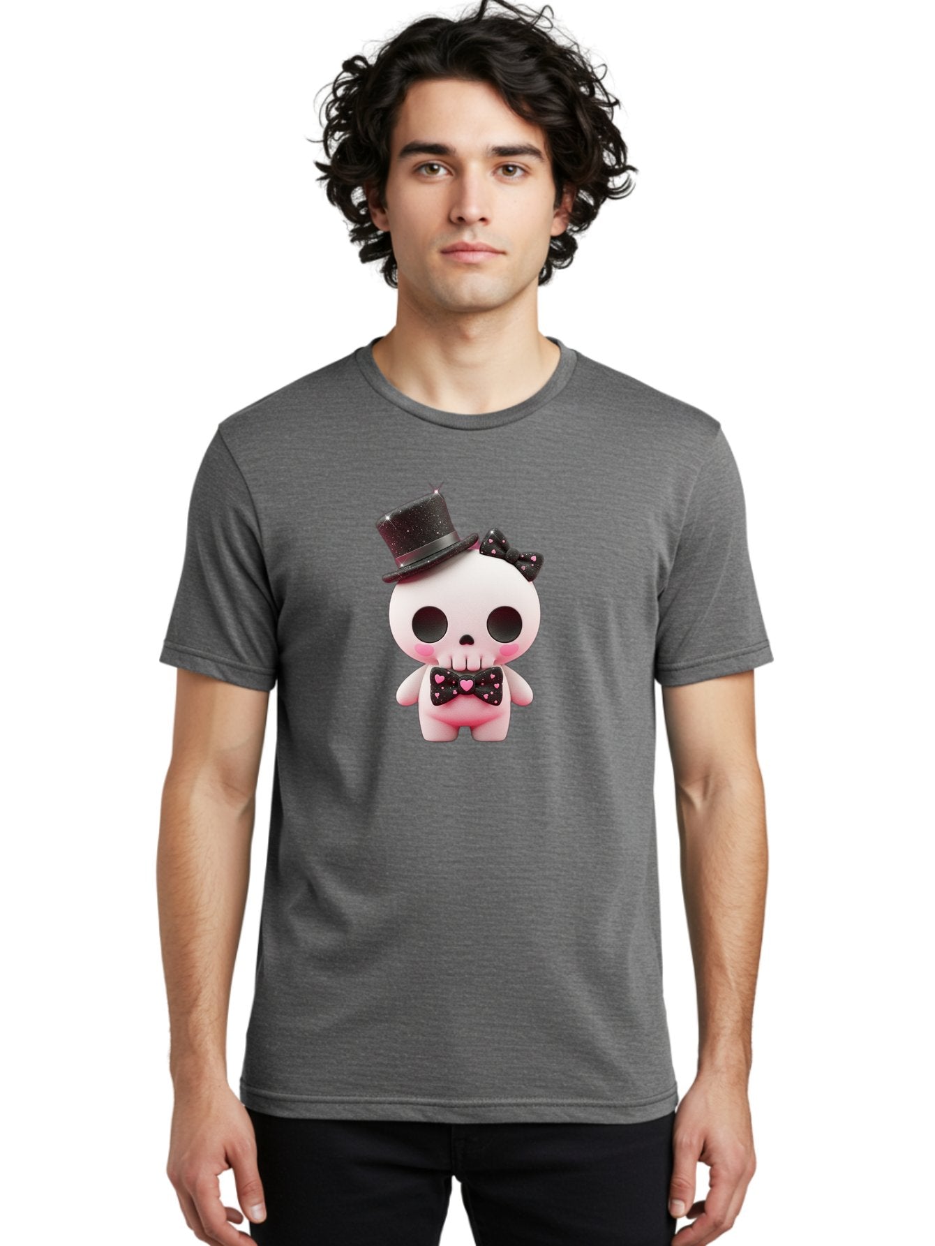 Skull-Kid Men'S Graphic Tee, 100% Cotton, Comfortable Casual Summer Wear, Machine Washable, Cute Skeleton Toy, Day Of The Dead Decoration, Sugar Skull Figurine, Black Top Hat, Bow Tie With Hearts, Pastel Colors, Quirky Collectible, Bad594 16