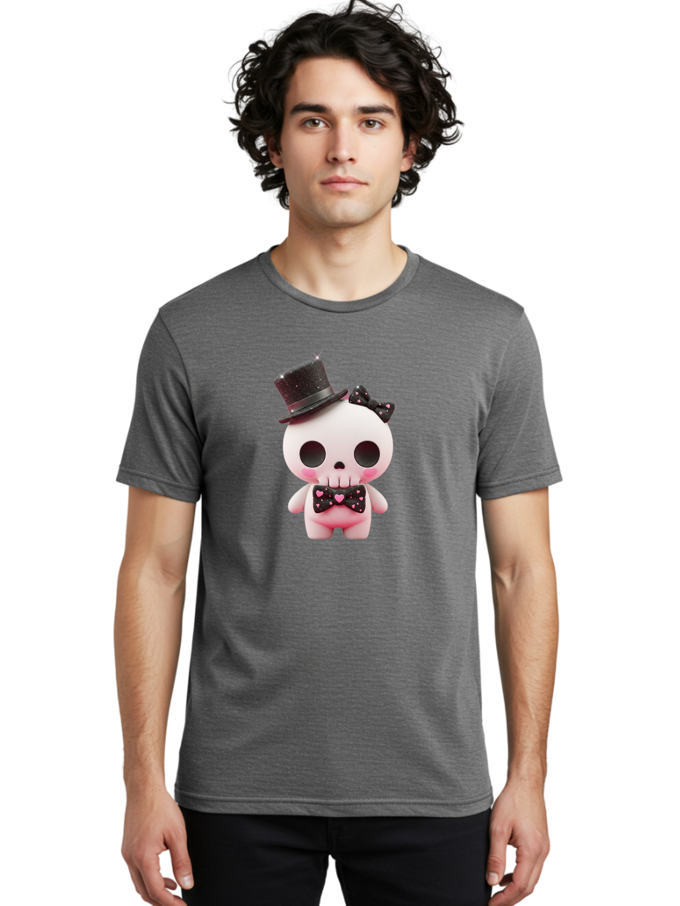 Skull-Kid Men'S Graphic Tee, 100% Cotton, Comfortable Casual Summer Wear, Machine Washable, Cute Skeleton Toy, Day Of The Dead Decoration, Sugar Skull Figurine, Black Top Hat, Bow Tie With Hearts, Pastel Colors, Quirky Collectible, Bad594 28
