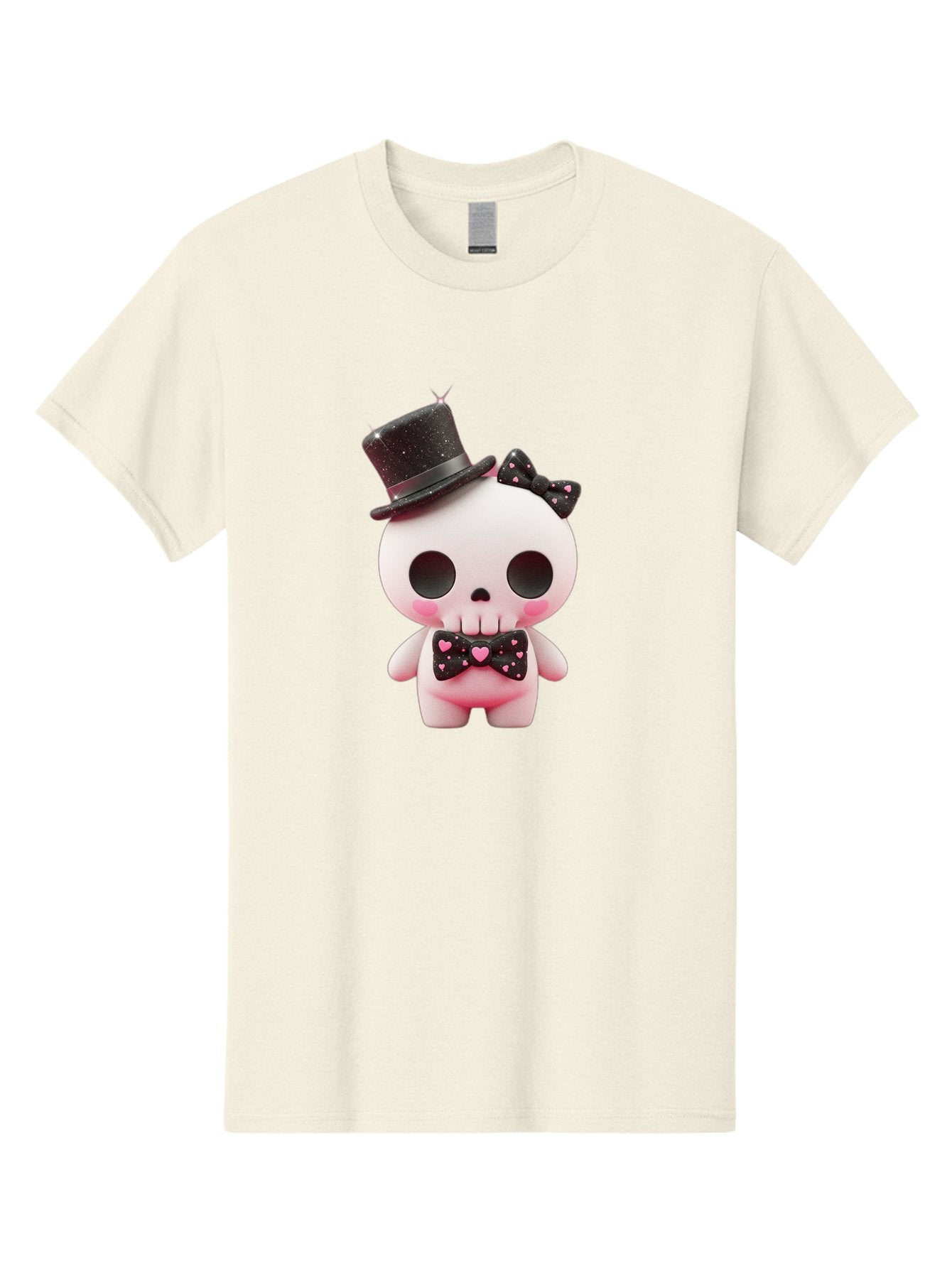 Skull-Kid Men'S Graphic Tee, 100% Cotton, Comfortable Casual Summer Wear, Machine Washable, Cute Skeleton Toy, Day Of The Dead Decoration, Sugar Skull Figurine, Black Top Hat, Bow Tie With Hearts, Pastel Colors, Quirky Collectible, Bad594