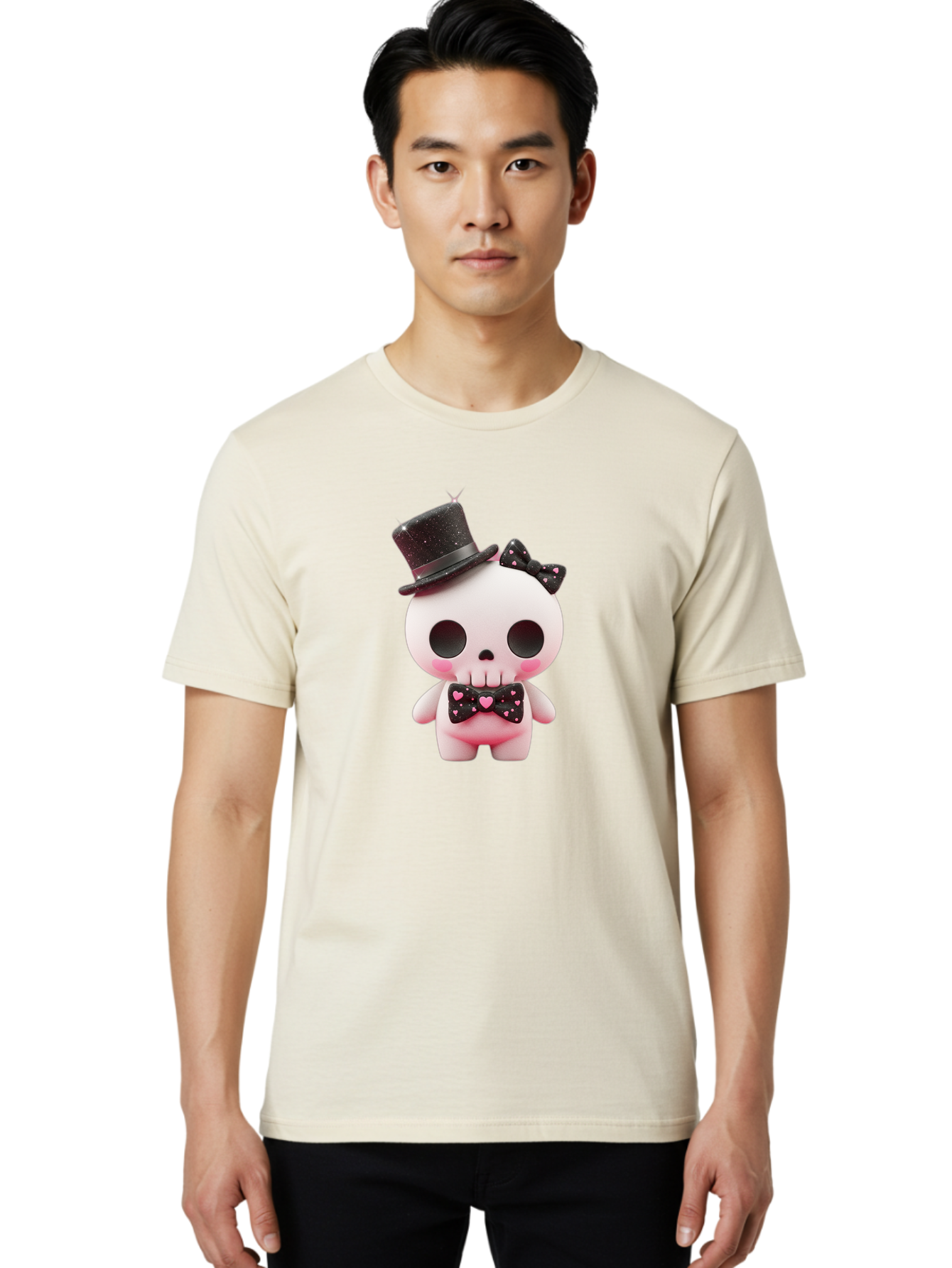 Skull-Kid Men'S Graphic Tee, 100% Cotton, Comfortable Casual Summer Wear, Machine Washable, Cute Skeleton Toy, Day Of The Dead Decoration, Sugar Skull Figurine, Black Top Hat, Bow Tie With Hearts, Pastel Colors, Quirky Collectible, Bad594 26