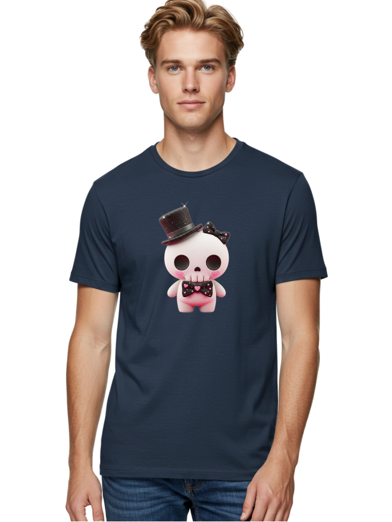 Skull-Kid Men'S Graphic Tee, 100% Cotton, Comfortable Casual Summer Wear, Machine Washable, Cute Skeleton Toy, Day Of The Dead Decoration, Sugar Skull Figurine, Black Top Hat, Bow Tie With Hearts, Pastel Colors, Quirky Collectible, Bad594 19
