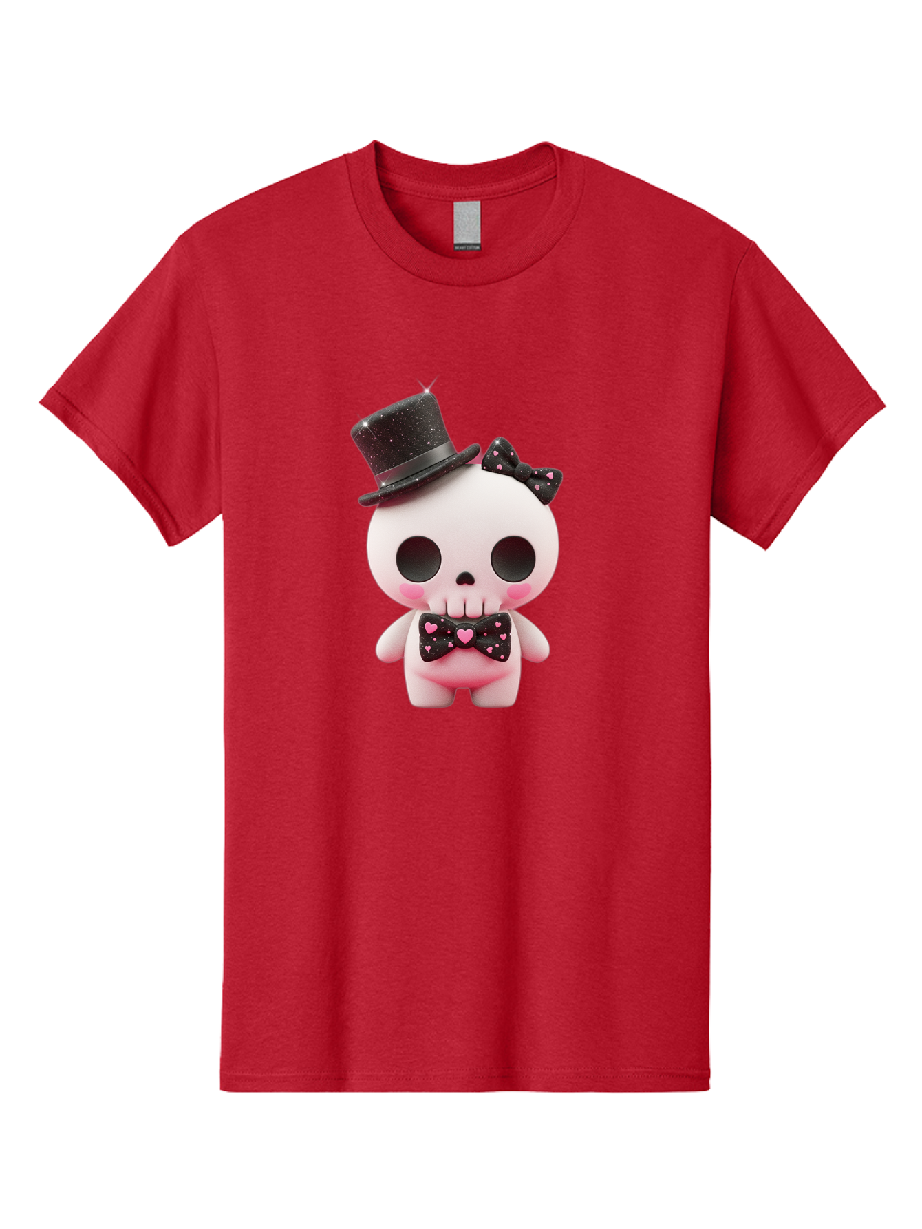 Skull-Kid Men'S Graphic Tee, 100% Cotton, Comfortable Casual Summer Wear, Machine Washable, Cute Skeleton Toy, Day Of The Dead Decoration, Sugar Skull Figurine, Black Top Hat, Bow Tie With Hearts, Pastel Colors, Quirky Collectible, Bad594
