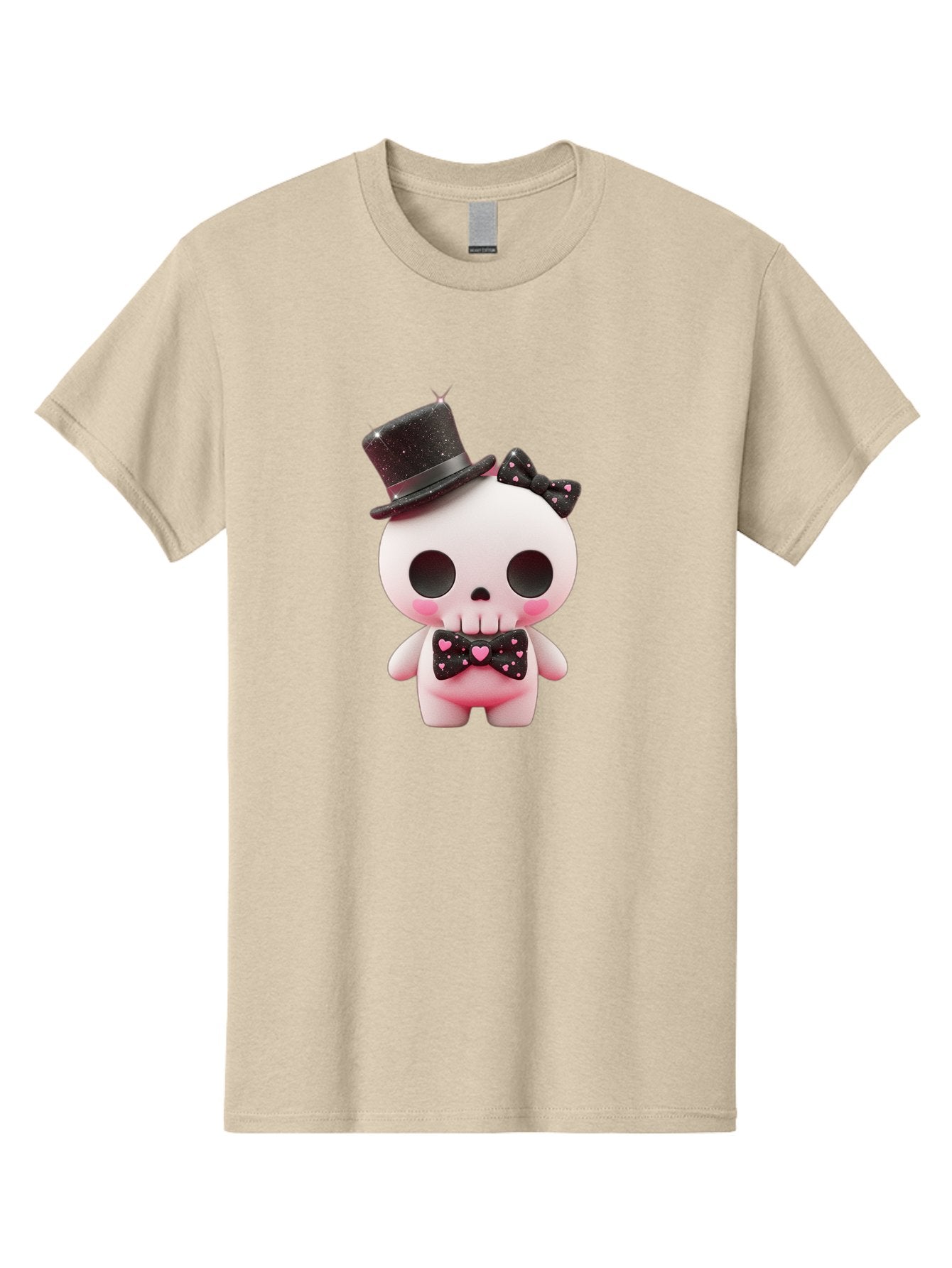 Skull-Kid Men'S Graphic Tee, 100% Cotton, Comfortable Casual Summer Wear, Machine Washable, Cute Skeleton Toy, Day Of The Dead Decoration, Sugar Skull Figurine, Black Top Hat, Bow Tie With Hearts, Pastel Colors, Quirky Collectible, Bad594 6