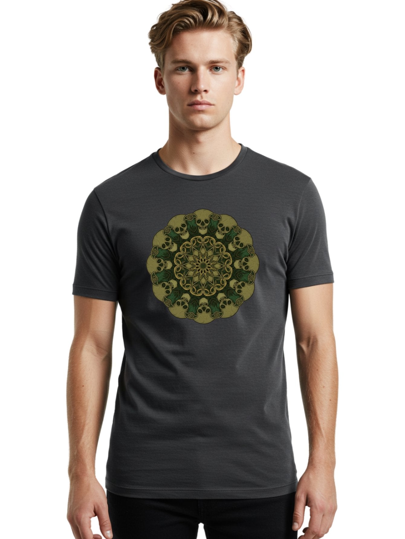 Skull-Mandala-1 Men'S Graphic Tee, 100% Cotton, Comfortable Casual Summer Wear, Machine Washable, Skull Mandala, Intricate Design, Mystic Symbols, Gothic Art, Skulls, Mandala Pattern, Mystical Imagery, Symbolic Art, Dark Mysticism Bad595 22