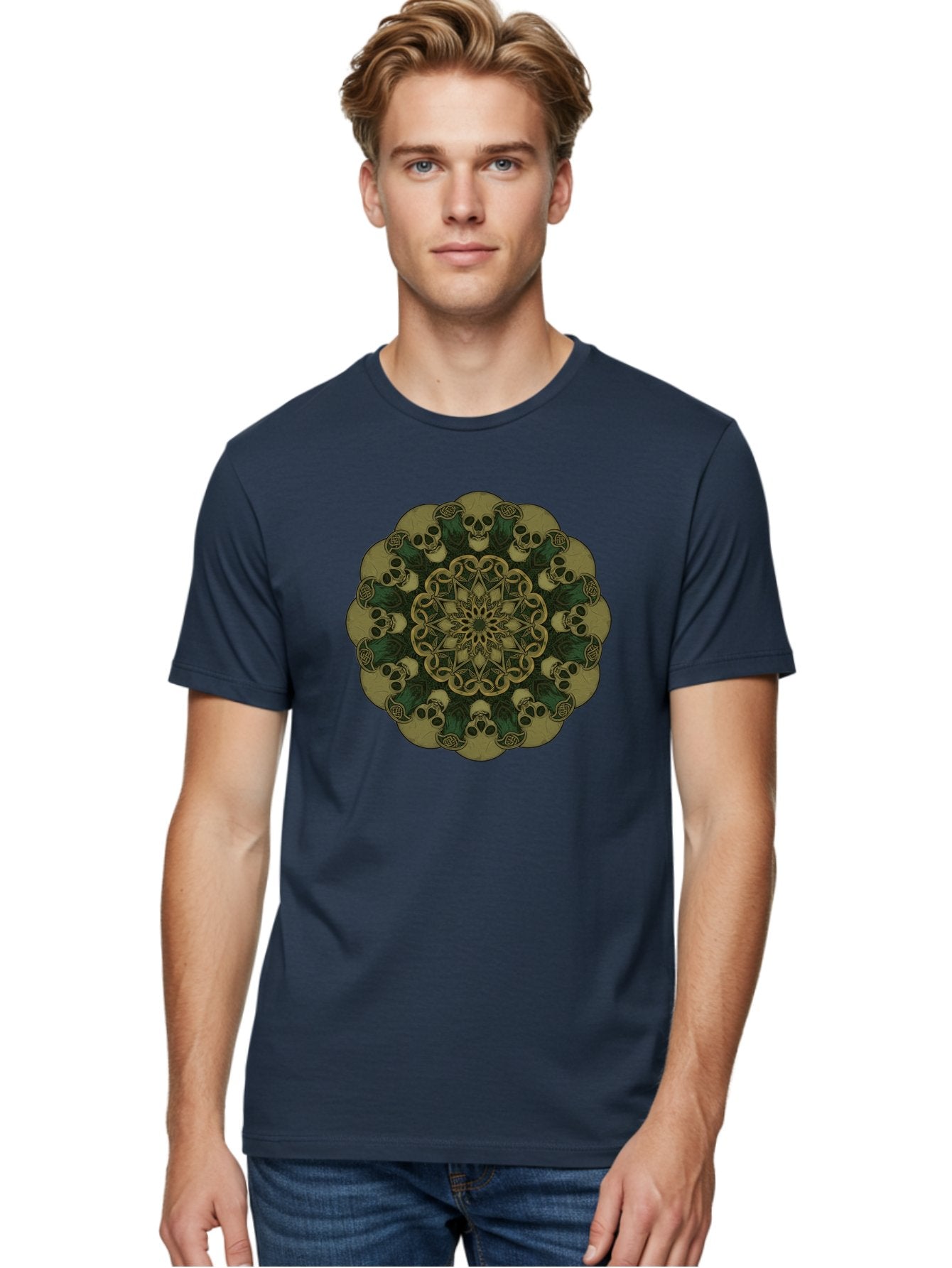 Skull-Mandala-1 Men'S Graphic Tee, 100% Cotton, Comfortable Casual Summer Wear, Machine Washable, Skull Mandala, Intricate Design, Mystic Symbols, Gothic Art, Skulls, Mandala Pattern, Mystical Imagery, Symbolic Art, Dark Mysticism Bad595 18