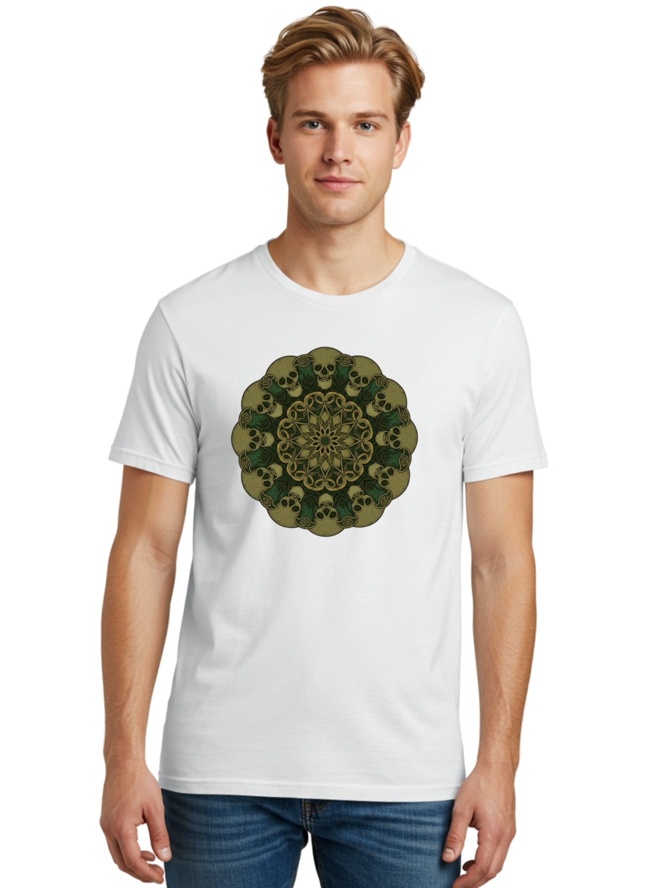 Skull-Mandala-1 Men'S Graphic Tee, 100% Cotton, Comfortable Casual Summer Wear, Machine Washable, Skull Mandala, Intricate Design, Mystic Symbols, Gothic Art, Skulls, Mandala Pattern, Mystical Imagery, Symbolic Art, Dark Mysticism Bad595 27