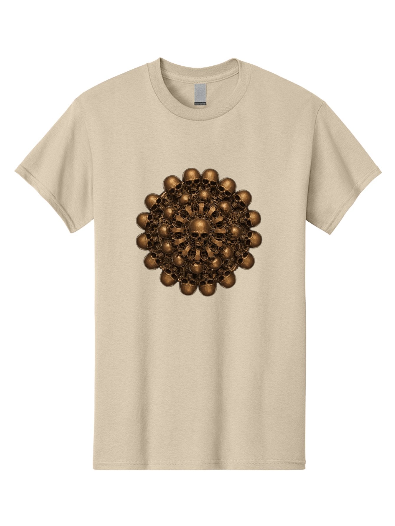 Skull-Mandala-2 Men'S Graphic Tee, 100% Cotton, Comfortable Casual Summer Wear, Machine Washable, Mandala Design, Skull Art, Bronze Skulls, Intricate Pattern, Symmetrical Composition, Dark Art, Gothic Decor, Skull Motif, Mystical Symbolism Bad596 4