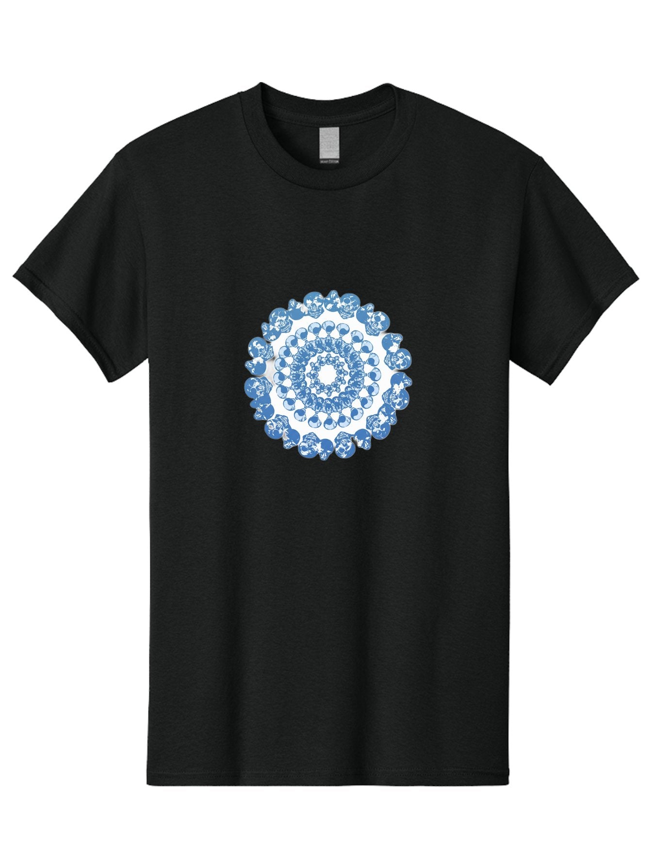 Skull-Mandala-3 Men'S Graphic Tee, 100% Cotton, Comfortable Casual Summer Wear, Machine Washable, Blue And White Mandala, Intricate Illustrations, Stylized Human Heads, Concentric Pattern, Abstract Artwork, Surrealism, Artistic Expression, Bad597