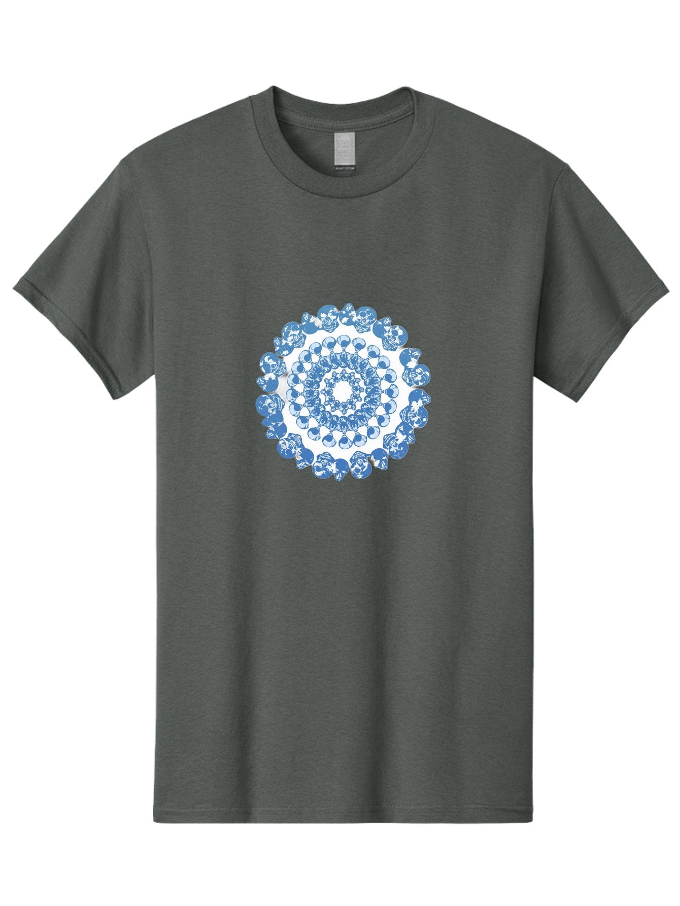 Skull-Mandala-3 Men'S Graphic Tee, 100% Cotton, Comfortable Casual Summer Wear, Machine Washable, Blue And White Mandala, Intricate Illustrations, Stylized Human Heads, Concentric Pattern, Abstract Artwork, Surrealism, Artistic Expression, Bad597 14