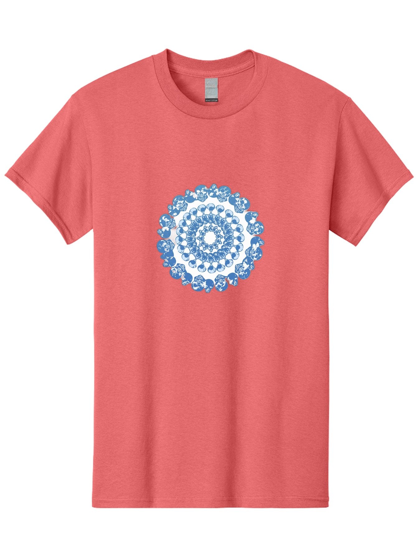Skull-Mandala-3 Men'S Graphic Tee, 100% Cotton, Comfortable Casual Summer Wear, Machine Washable, Blue And White Mandala, Intricate Illustrations, Stylized Human Heads, Concentric Pattern, Abstract Artwork, Surrealism, Artistic Expression, Bad597 12