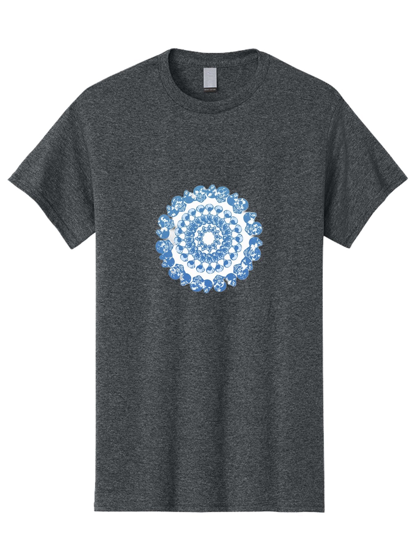Skull-Mandala-3 Men'S Graphic Tee, 100% Cotton, Comfortable Casual Summer Wear, Machine Washable, Blue And White Mandala, Intricate Illustrations, Stylized Human Heads, Concentric Pattern, Abstract Artwork, Surrealism, Artistic Expression, Bad597 9